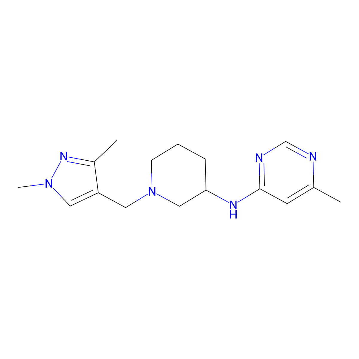N-{1-[(1,3-dimethyl-1H-pyrazol-4-yl)methyl]piperidin-3-yl}-6-methylpyrimidin-4-amine molecular structure, CAS 3054556-18-9