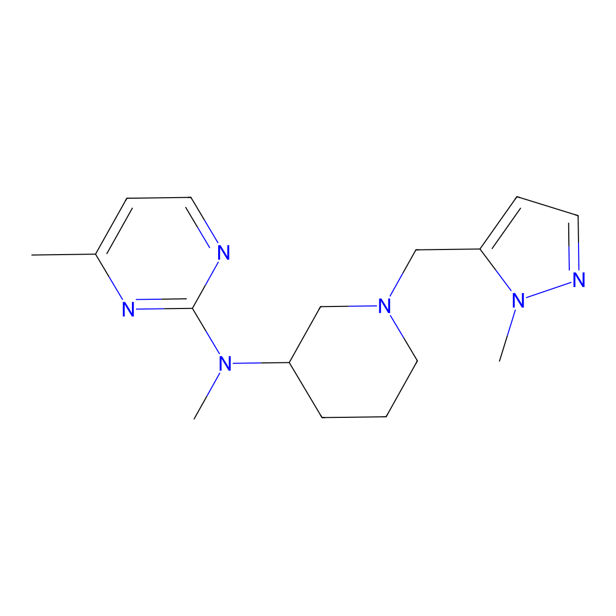 N,4-dimethyl-N-{1-[(1-methyl-1H-pyrazol-5-yl)methyl]piperidin-3-yl}pyrimidin-2-amine molecular structure, CAS 3054556-20-3