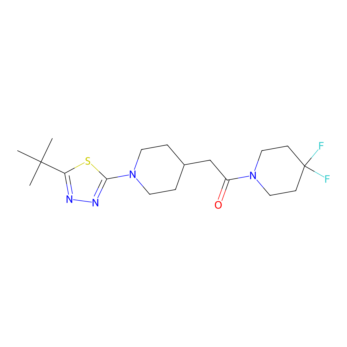 2-[1-(5-Tert-butyl-1,3,4-thiadiazol-2-yl)piperidin-4-yl]-1-(4,4-difluoropiperidin-1-yl)ethan-1-one molecular structure, CAS 3054556-24-7