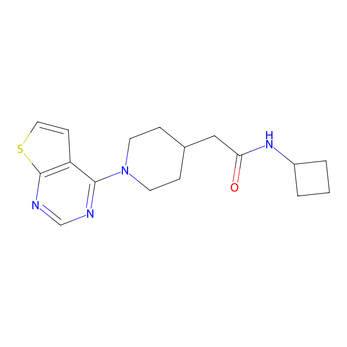 N-cyclobutyl-2-(1-{thieno[2,3-d]pyrimidin-4-yl}piperidin-4-yl)acetamide molecular structure, CAS 3054556-25-8