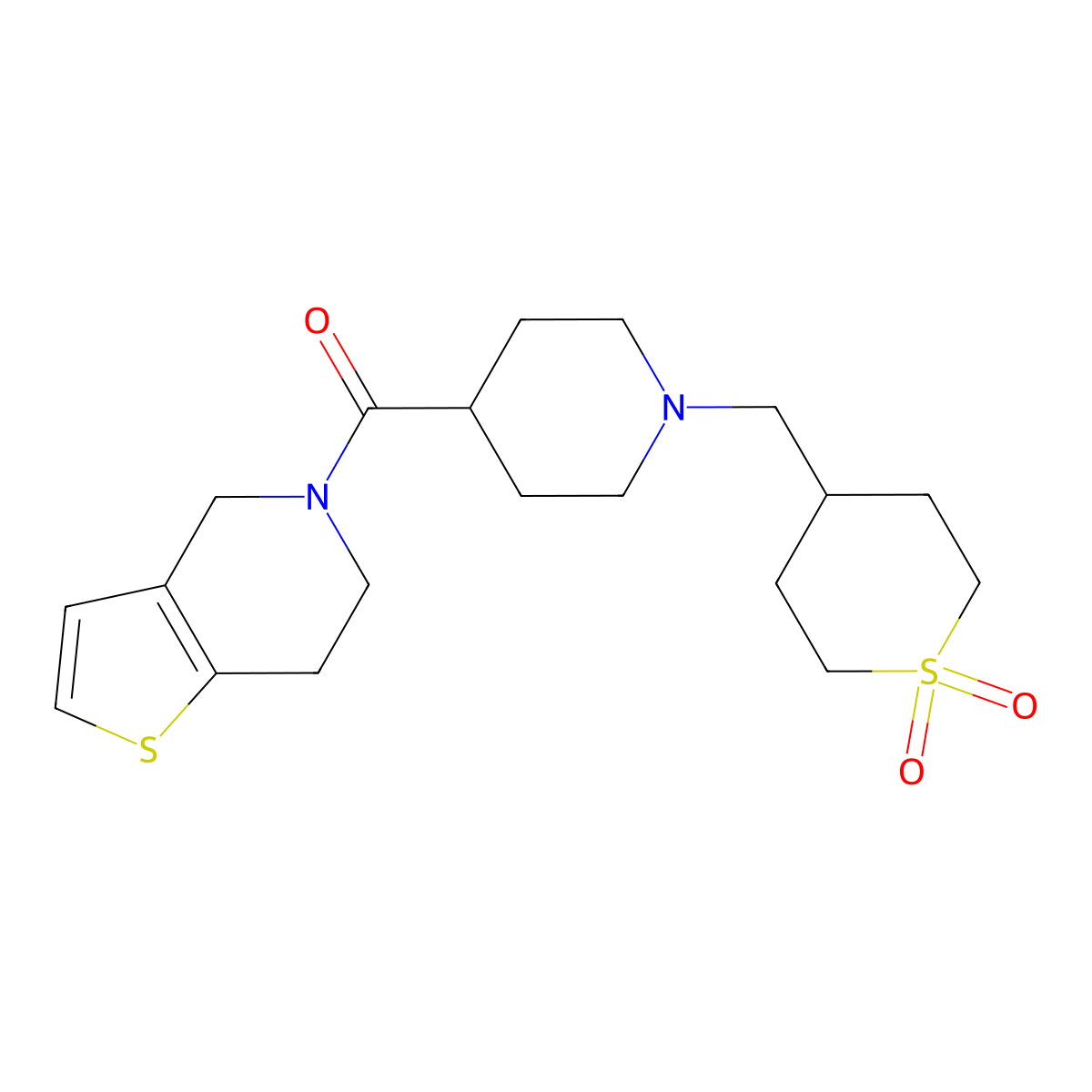 4-[(4-{4H,5H,6H,7H-thieno[3,2-c]pyridine-5-carbonyl}piperidin-1-yl)methyl]-1lambda-thiane-1,1-dione molecular structure, CAS 3054556-26-9