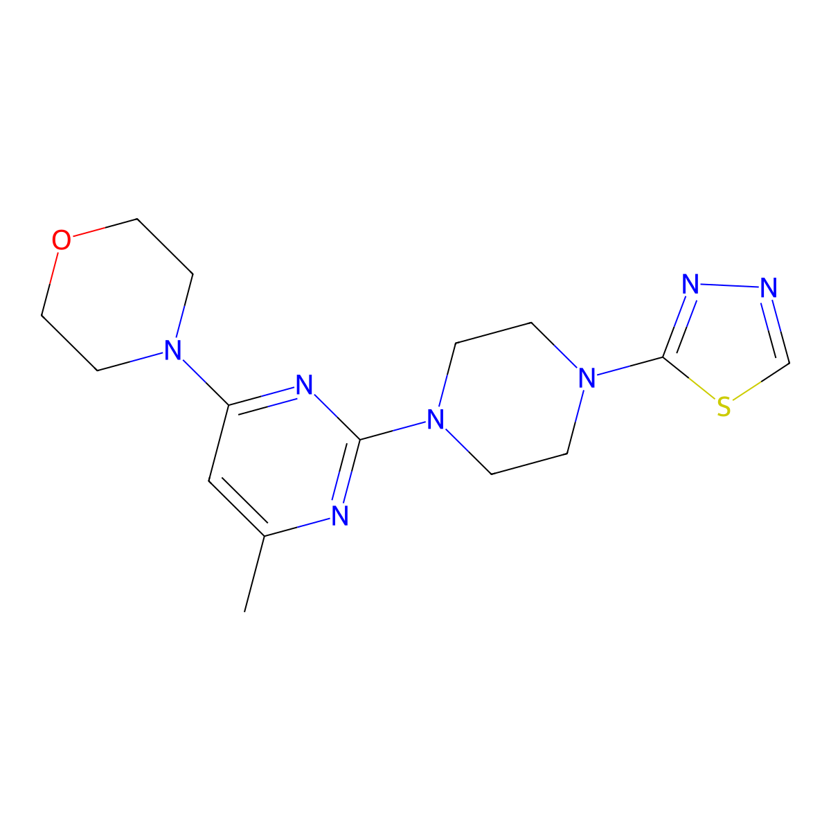 4-{6-Methyl-2-[4-(1,3,4-thiadiazol-2-yl)piperazin-1-yl]pyrimidin-4-yl}morpholine molecular structure, CAS 3054556-28-1