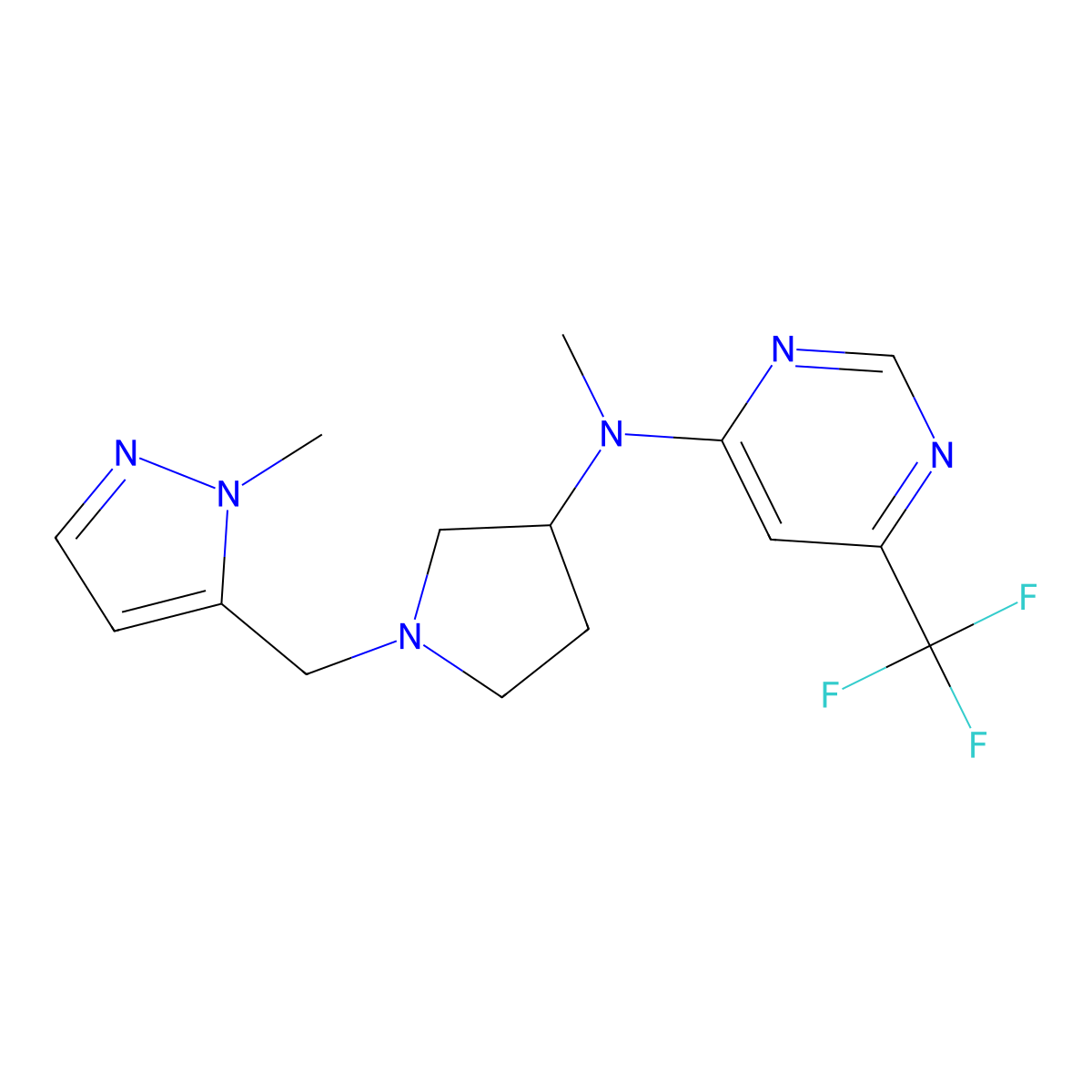 N-methyl-N-{1-[(1-methyl-1H-pyrazol-5-yl)methyl]pyrrolidin-3-yl}-6-(trifluoromethyl)pyrimidin-4-amine molecular structure, CAS 3054556-32-7