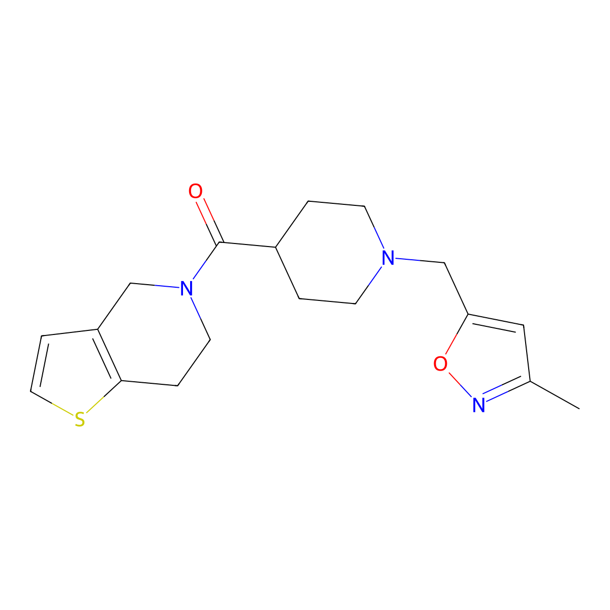 1-[(3-methyl-1,2-oxazol-5-yl)methyl]-4-{4H,5H,6H,7H-thieno[3,2-c]pyridine-5-carbonyl}piperidine molecular structure, CAS 3054556-34-9