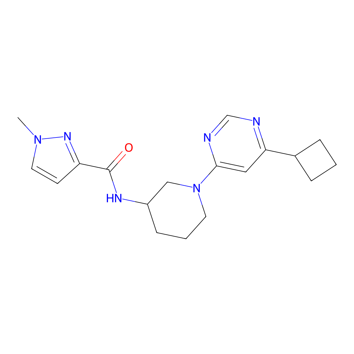 N-[1-(6-cyclobutylpyrimidin-4-yl)piperidin-3-yl]-1-methyl-1H-pyrazole-3-carboxamide molecular structure, CAS 3054556-36-1