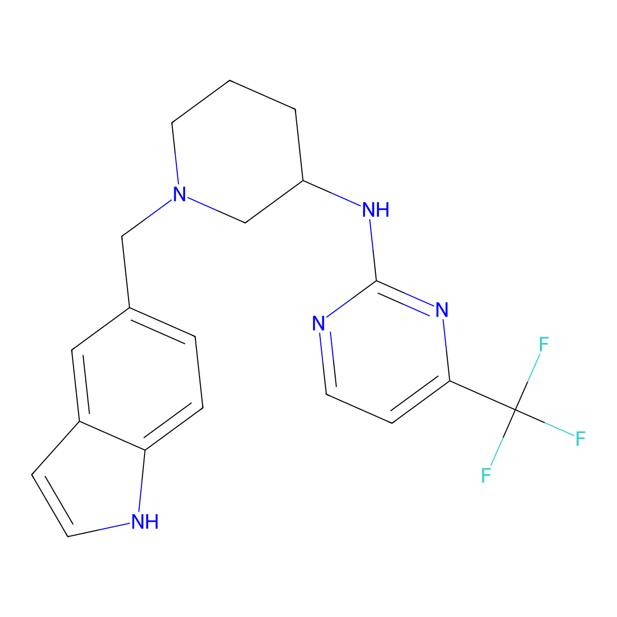 N-{1-[(1H-indol-5-yl)methyl]piperidin-3-yl}-4-(trifluoromethyl)pyrimidin-2-amine molecular structure, CAS 3054556-44-1