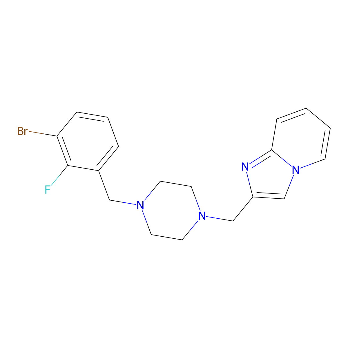 1-[(3-Bromo-2-fluorophenyl)methyl]-4-({imidazo[1,2-a]pyridin-2-yl}methyl)piperazine molecular structure, CAS 3054556-53-2