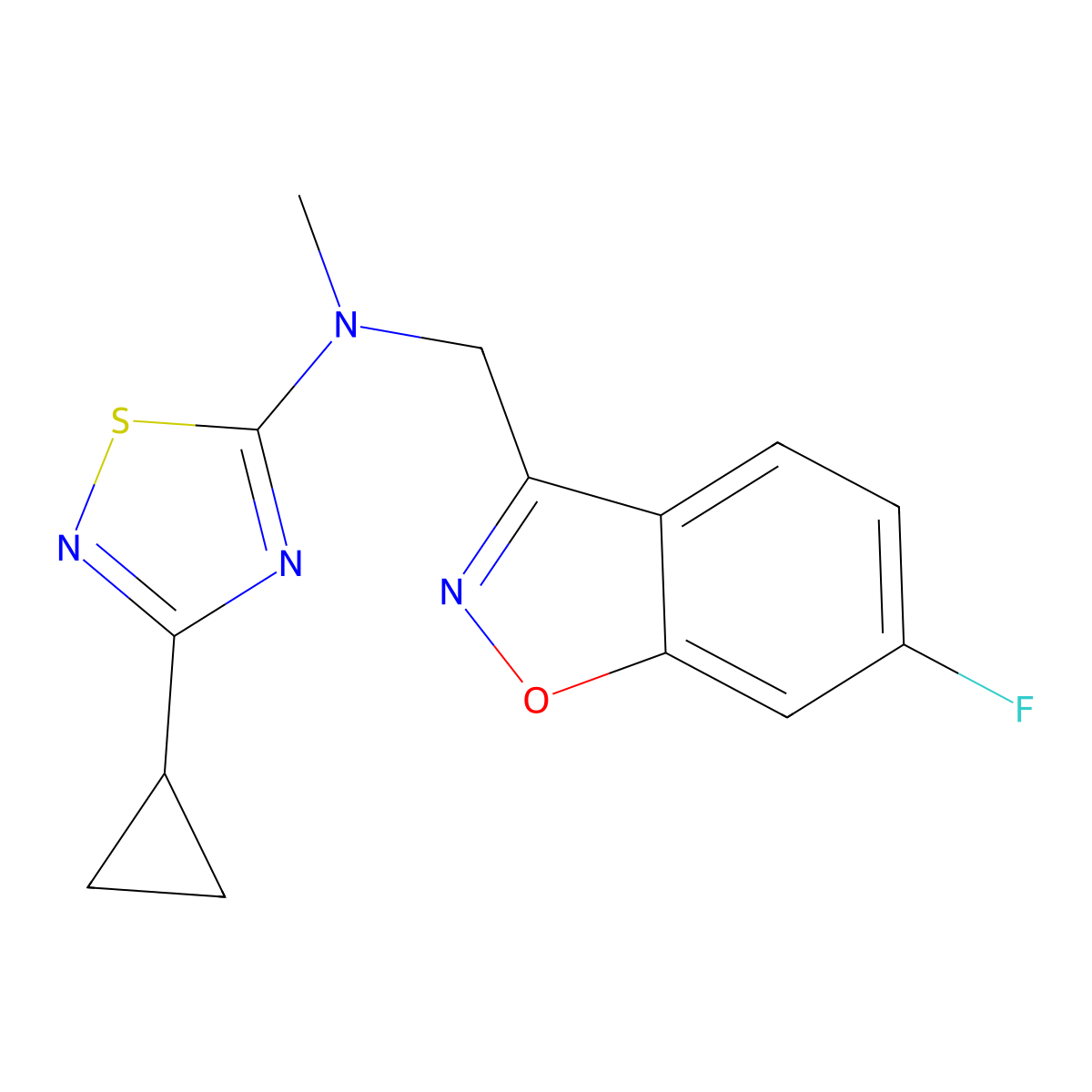 3-cyclopropyl-N-[(6-fluoro-1,2-benzoxazol-3-yl)methyl]-N-methyl-1,2,4-thiadiazol-5-amine molecular structure, CAS 3054556-59-8