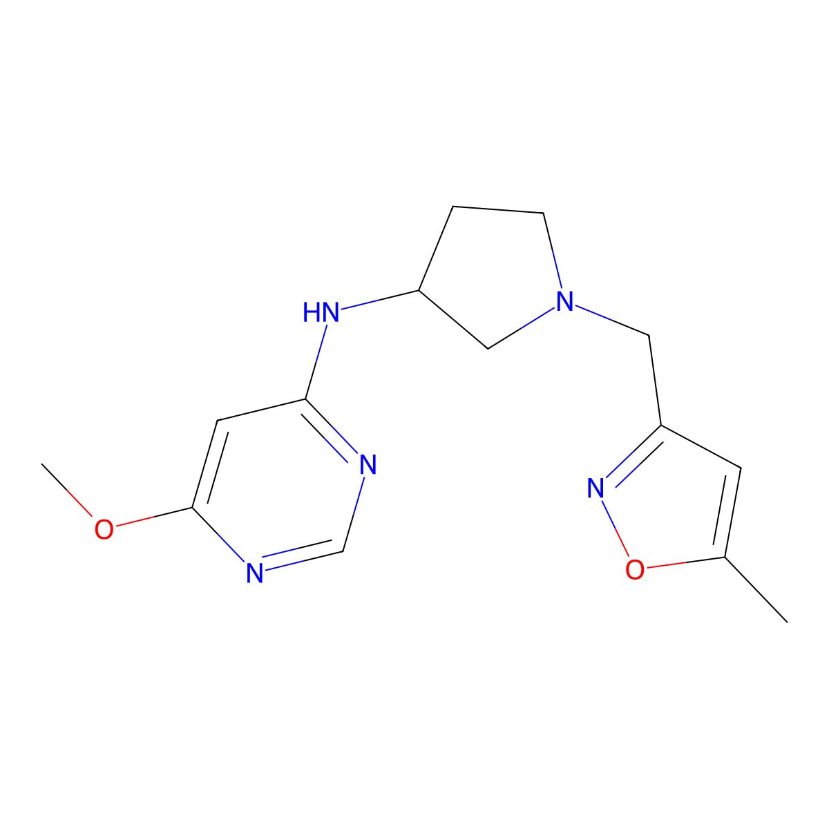6-methoxy-N-{1-[(5-methyl-1,2-oxazol-3-yl)methyl]pyrrolidin-3-yl}pyrimidin-4-amine molecular structure, CAS 3054556-60-1