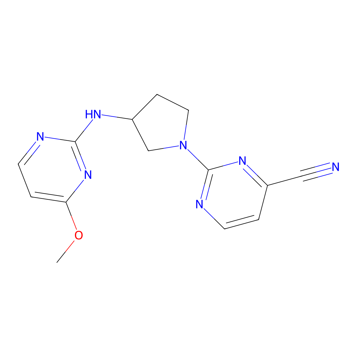 2-{3-[(4-Methoxypyrimidin-2-yl)amino]pyrrolidin-1-yl}pyrimidine-4-carbonitrile molecular structure, CAS 3054556-63-4