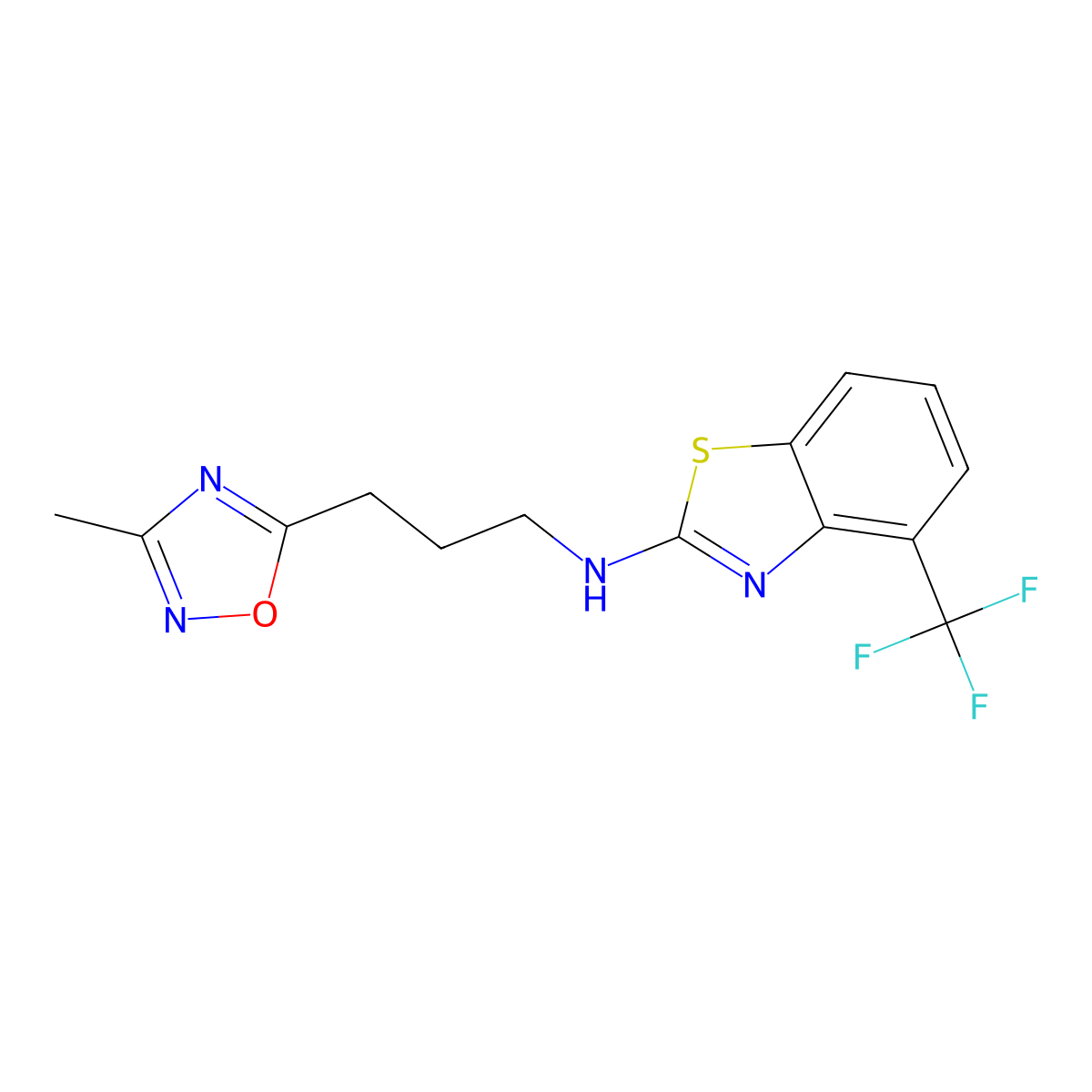 N-[3-(3-methyl-1,2,4-oxadiazol-5-yl)propyl]-4-(trifluoromethyl)-1,3-benzothiazol-2-amine molecular structure, CAS 3054556-66-7