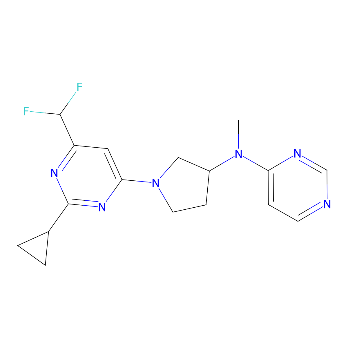 N-{1-[2-cyclopropyl-6-(difluoromethyl)pyrimidin-4-yl]pyrrolidin-3-yl}-N-methylpyrimidin-4-amine molecular structure, CAS 3054556-76-9