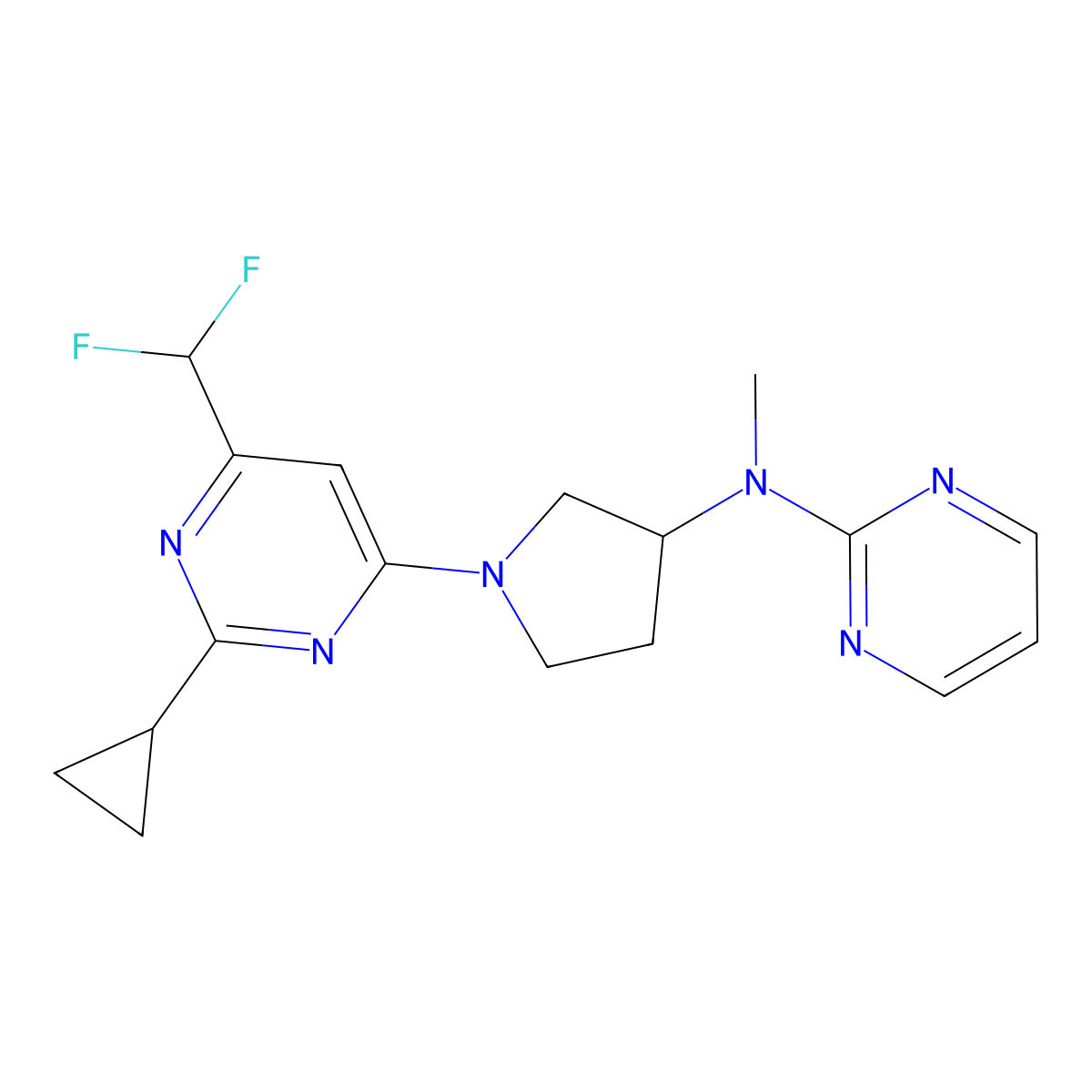 N-{1-[2-cyclopropyl-6-(difluoromethyl)pyrimidin-4-yl]pyrrolidin-3-yl}-N-methylpyrimidin-2-amine molecular structure, CAS 3054556-78-1