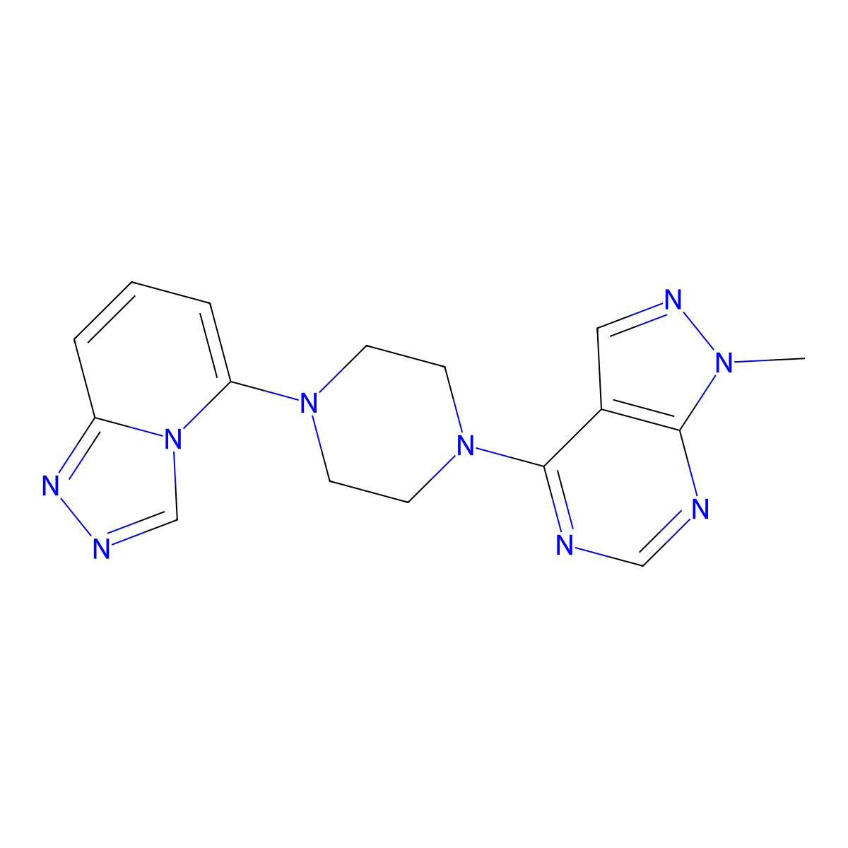 1-{1-methyl-1H-pyrazolo[3,4-d]pyrimidin-4-yl}-4-{[1,2,4]triazolo[4,3-a]pyridin-5-yl}piperazine molecular structure, CAS 3054556-80-5