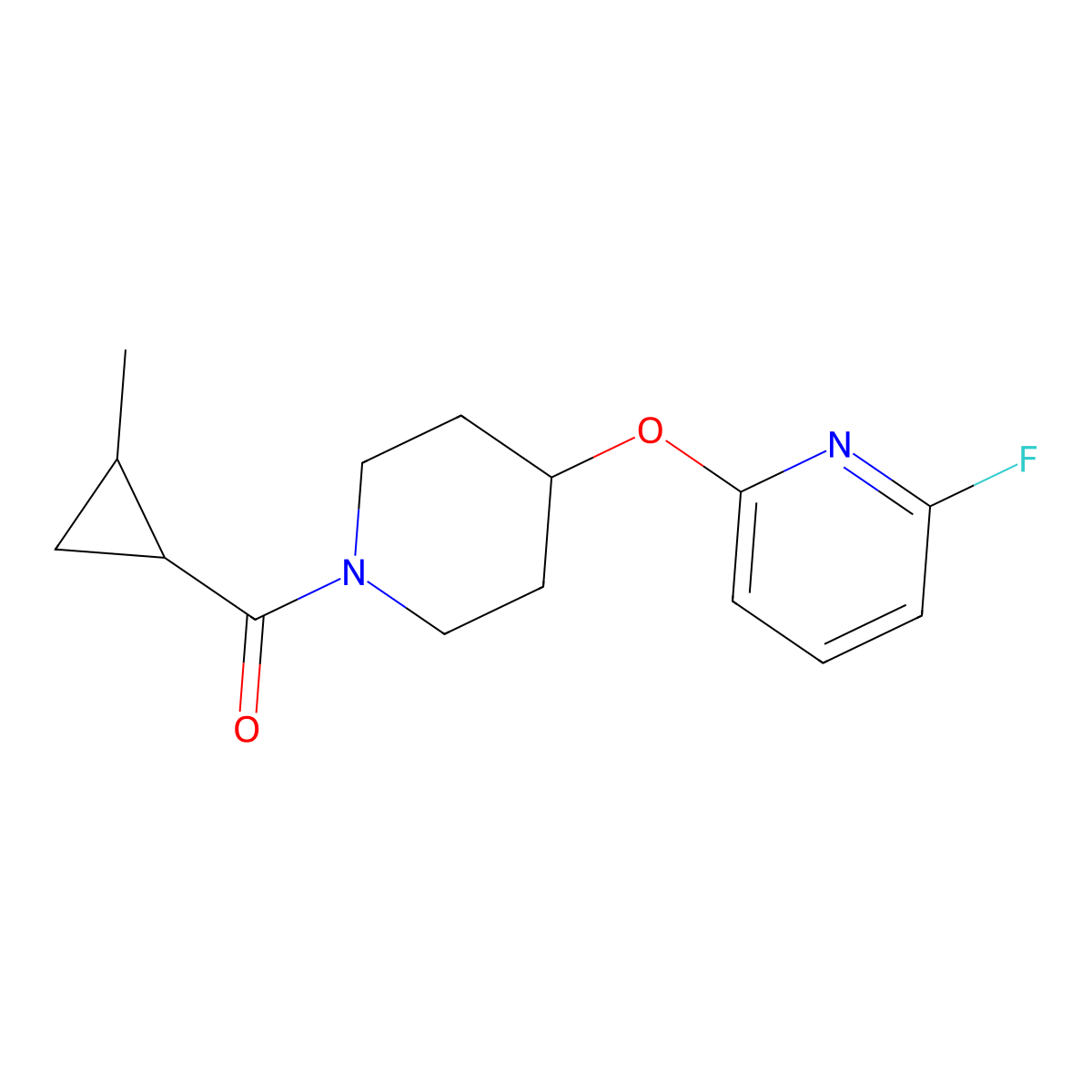 2-Fluoro-6-{[1-(2-methylcyclopropanecarbonyl)piperidin-4-yl]oxy}pyridine molecular structure, CAS 3054556-89-4