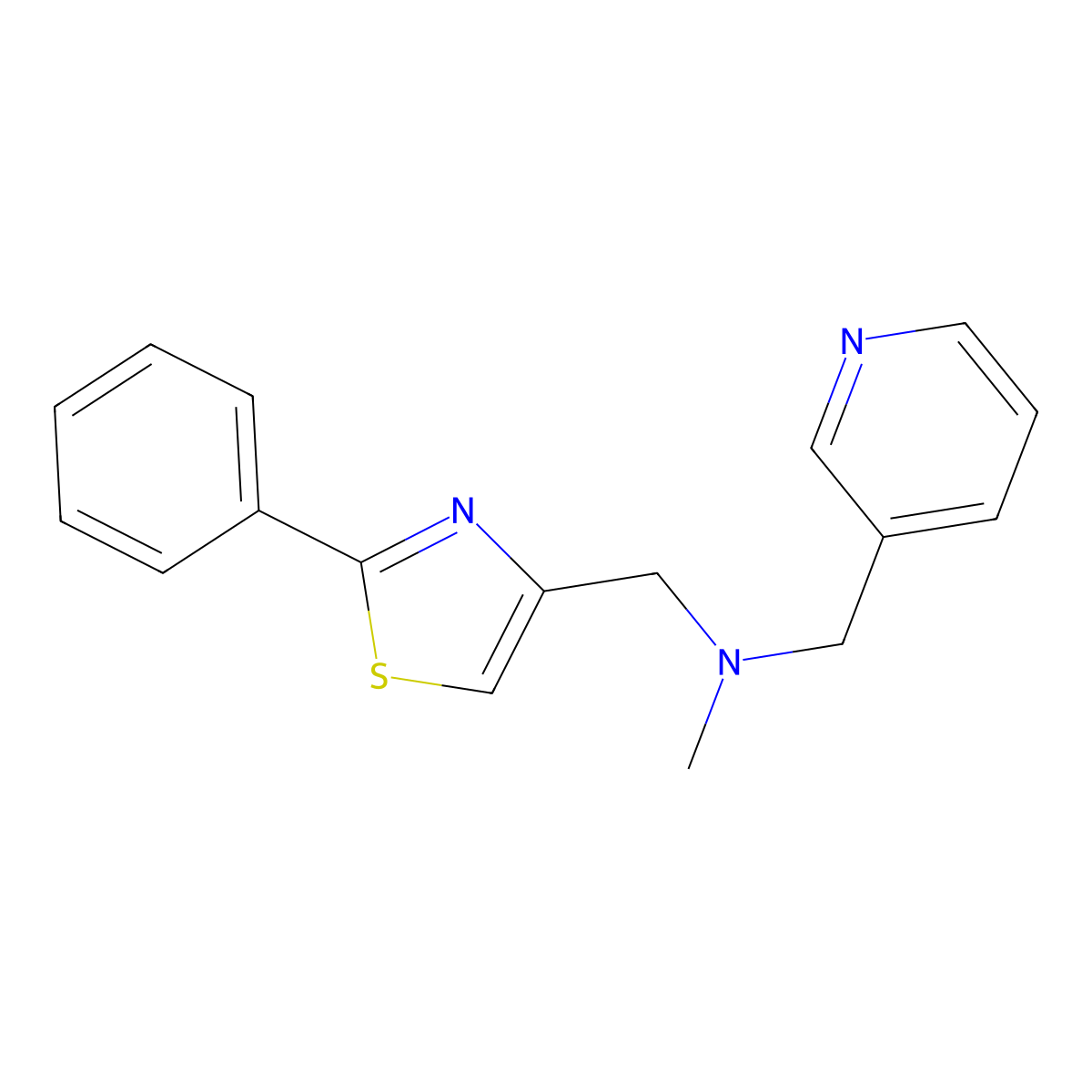 Methyl[(2-phenyl-1,3-thiazol-4-yl)methyl][(pyridin-3-yl)methyl]amine molecular structure, CAS 3054556-92-9