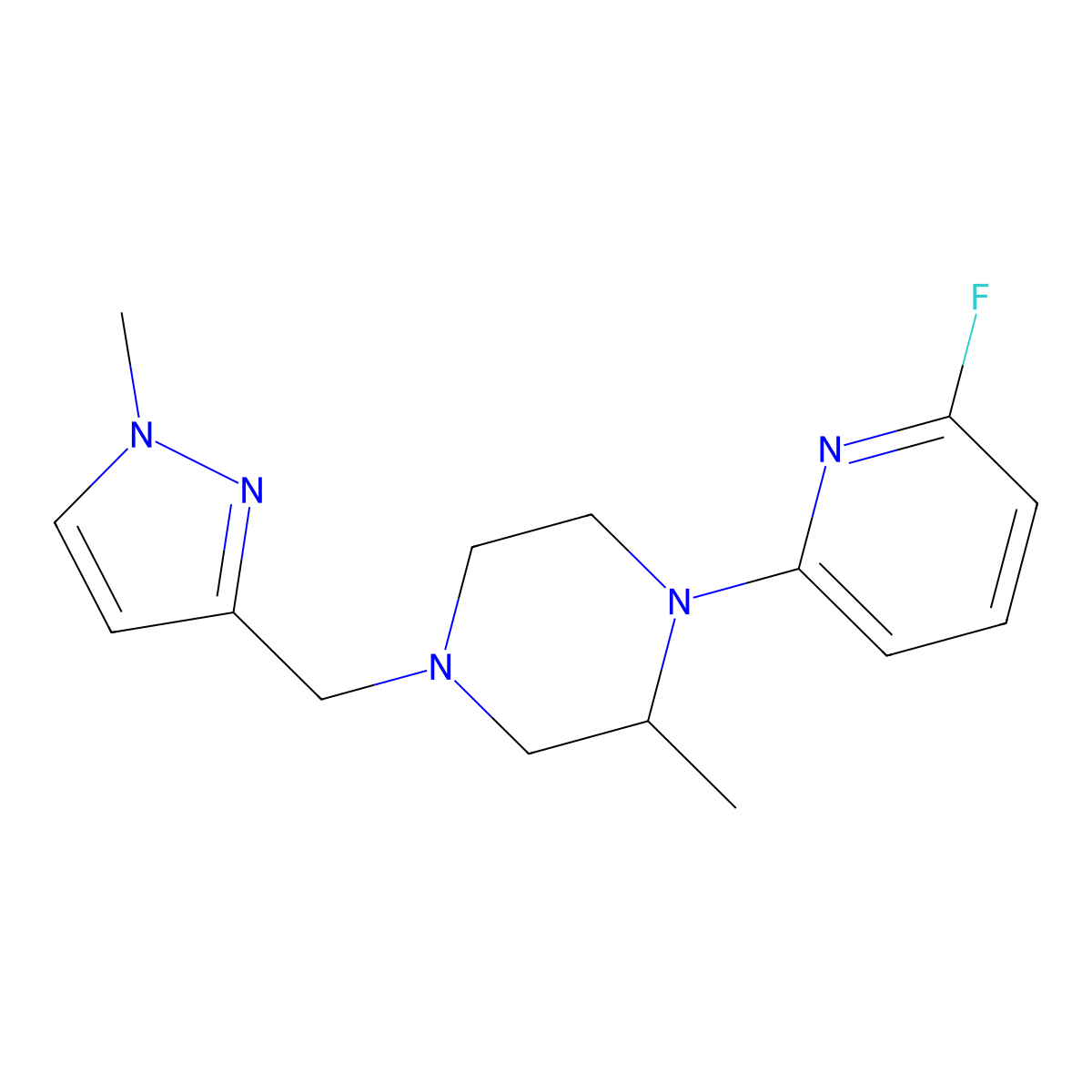 1-(6-fluoropyridin-2-yl)-2-methyl-4-[(1-methyl-1H-pyrazol-3-yl)methyl]piperazine molecular structure, CAS 3054556-96-3