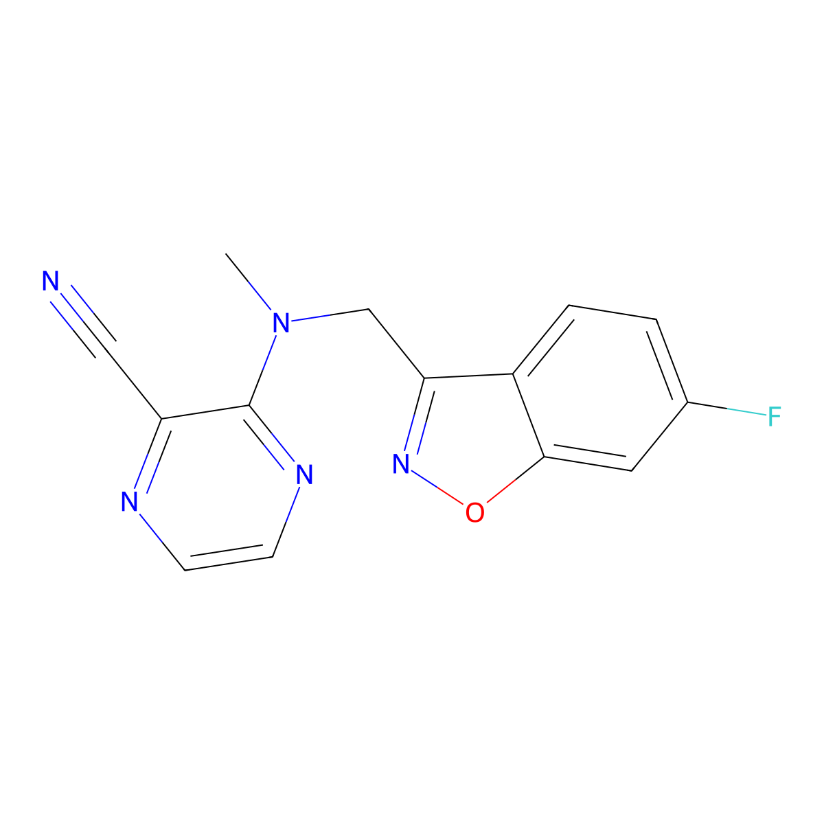3-{[(6-Fluoro-1,2-benzoxazol-3-yl)methyl](methyl)amino}pyrazine-2-carbonitrile molecular structure, CAS 3054556-97-4