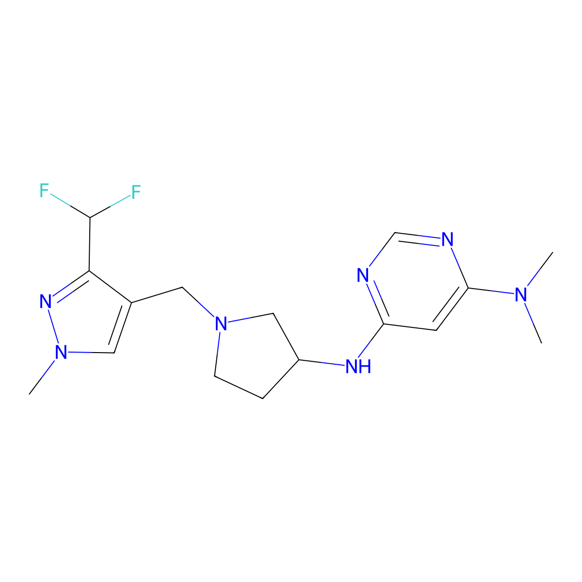 N6-(1-{[3-(difluoromethyl)-1-methyl-1H-pyrazol-4-yl]methyl}pyrrolidin-3-yl)-N4,N4-dimethylpyrimidine-4,6-diamine molecular structure, CAS 3054556-98-5