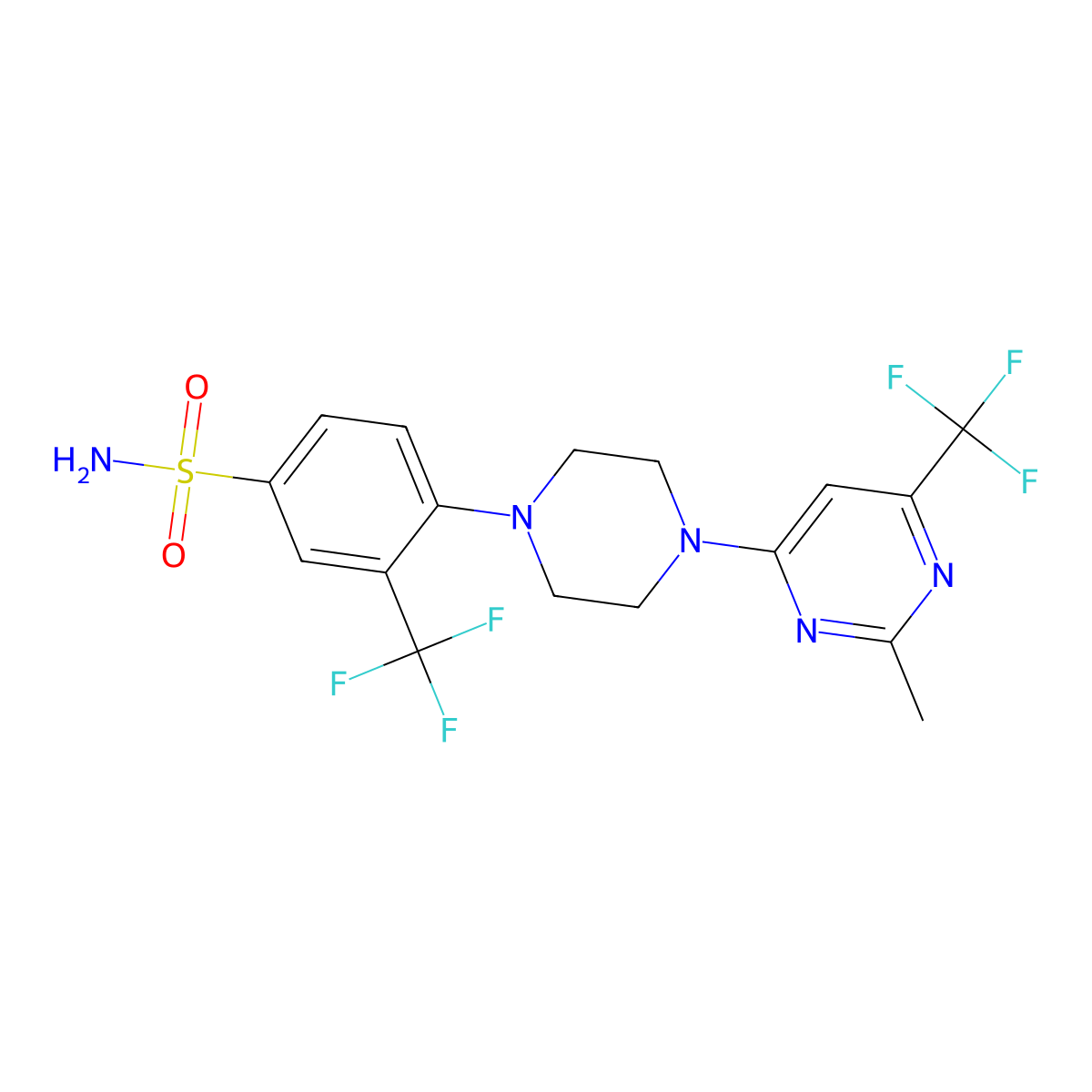 4-{4-[2-Methyl-6-(trifluoromethyl)pyrimidin-4-yl]piperazin-1-yl}-3-(trifluoromethyl)benzene-1-sulfonamide molecular structure, CAS 3054557-01-3