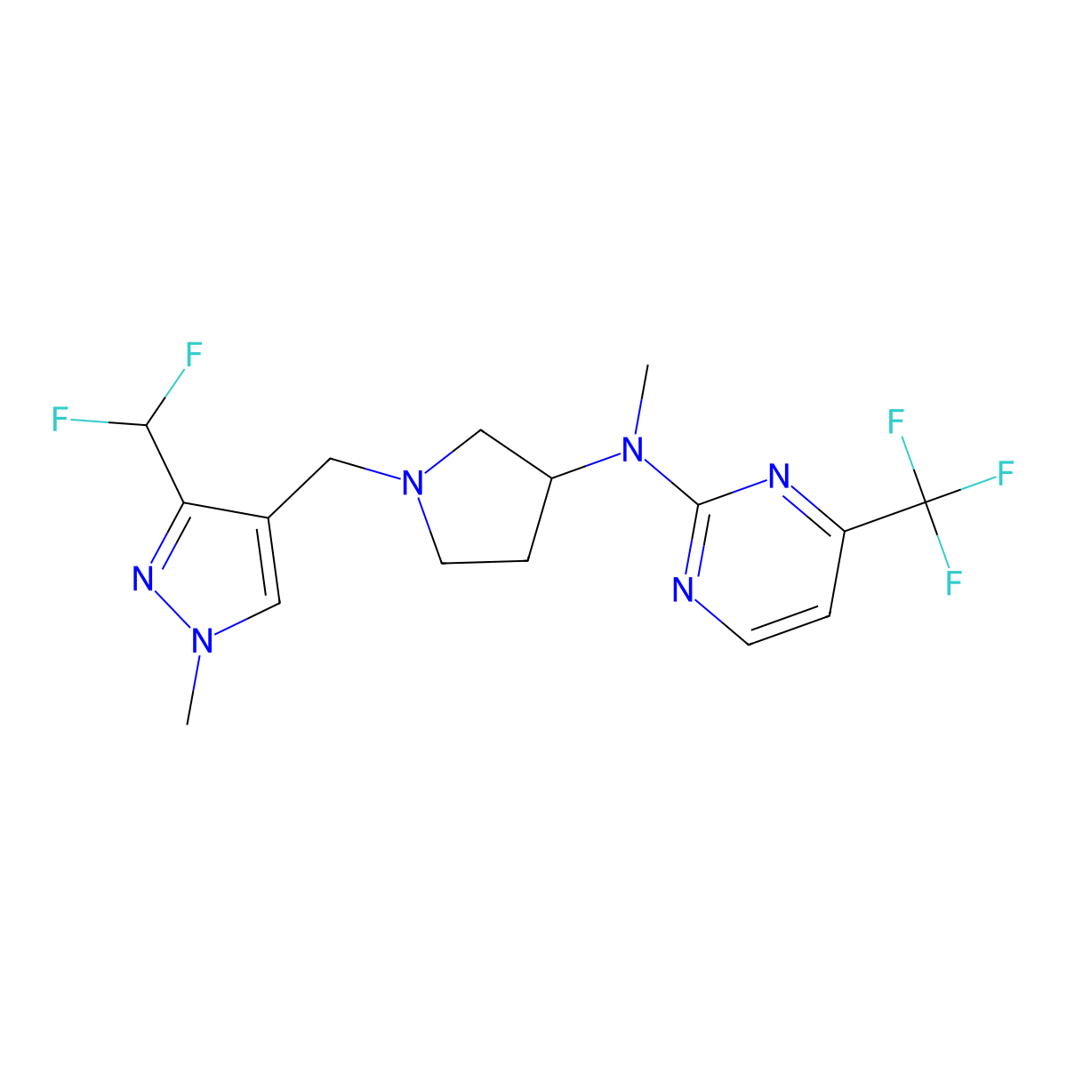 N-(1-{[3-(difluoromethyl)-1-methyl-1H-pyrazol-4-yl]methyl}pyrrolidin-3-yl)-N-methyl-4-(trifluoromethyl)pyrimidin-2-amine molecular structure, CAS 3054557-03-5