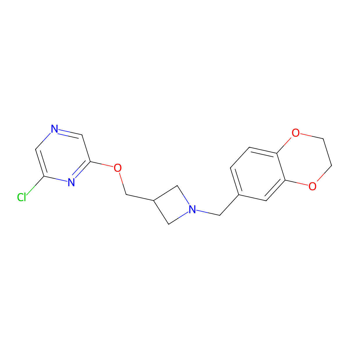 2-Chloro-6-({1-[(2,3-dihydro-1,4-benzodioxin-6-yl)methyl]azetidin-3-yl}methoxy)pyrazine molecular structure, CAS 3054557-05-7