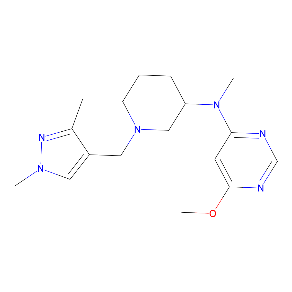 N-{1-[(1,3-dimethyl-1H-pyrazol-4-yl)methyl]piperidin-3-yl}-6-methoxy-N-methylpyrimidin-4-amine molecular structure, CAS 3054557-07-9