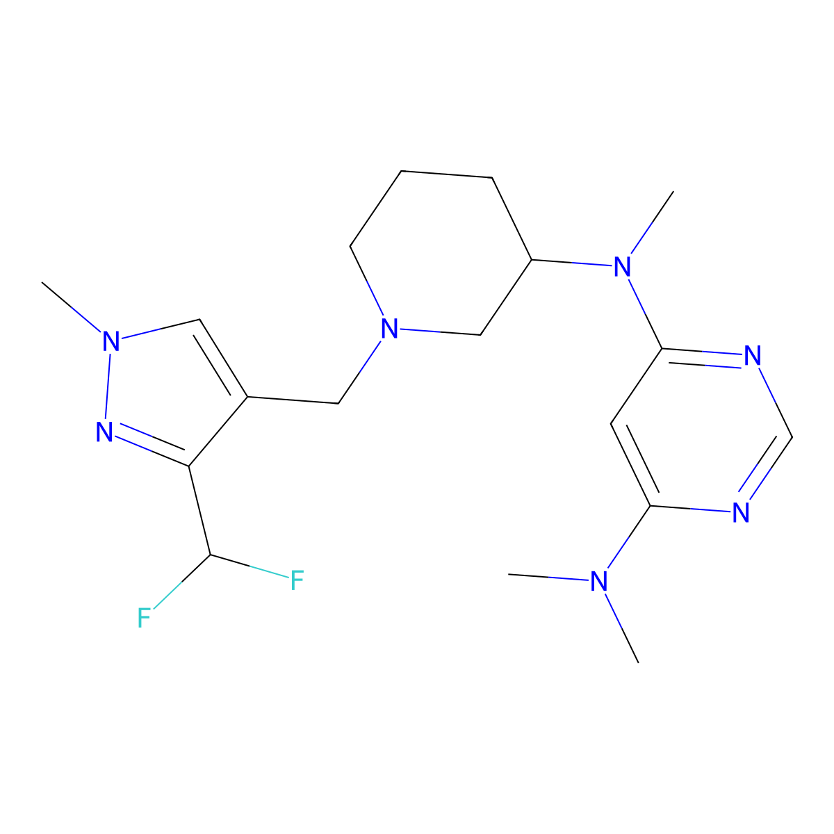 N4-(1-{[3-(difluoromethyl)-1-methyl-1H-pyrazol-4-yl]methyl}piperidin-3-yl)-N4,N6,N6-trimethylpyrimidine-4,6-diamine molecular structure, CAS 3054557-10-4