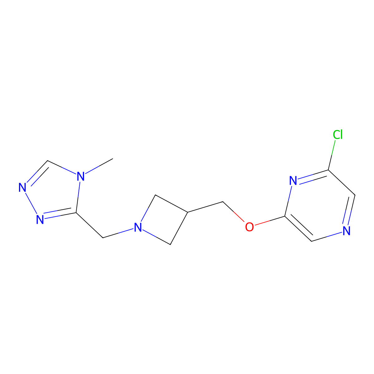 2-chloro-6-({1-[(4-methyl-4H-1,2,4-triazol-3-yl)methyl]azetidin-3-yl}methoxy)pyrazine molecular structure, CAS 3054557-14-8
