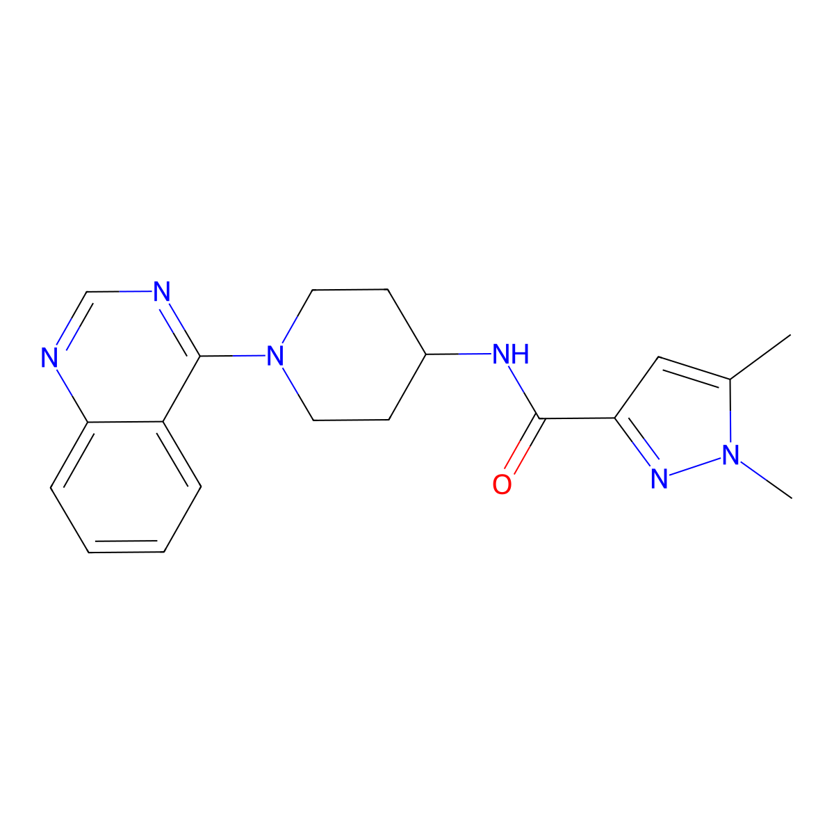 1,5-dimethyl-N-[1-(quinazolin-4-yl)piperidin-4-yl]-1H-pyrazole-3-carboxamide molecular structure, CAS 3054557-29-5