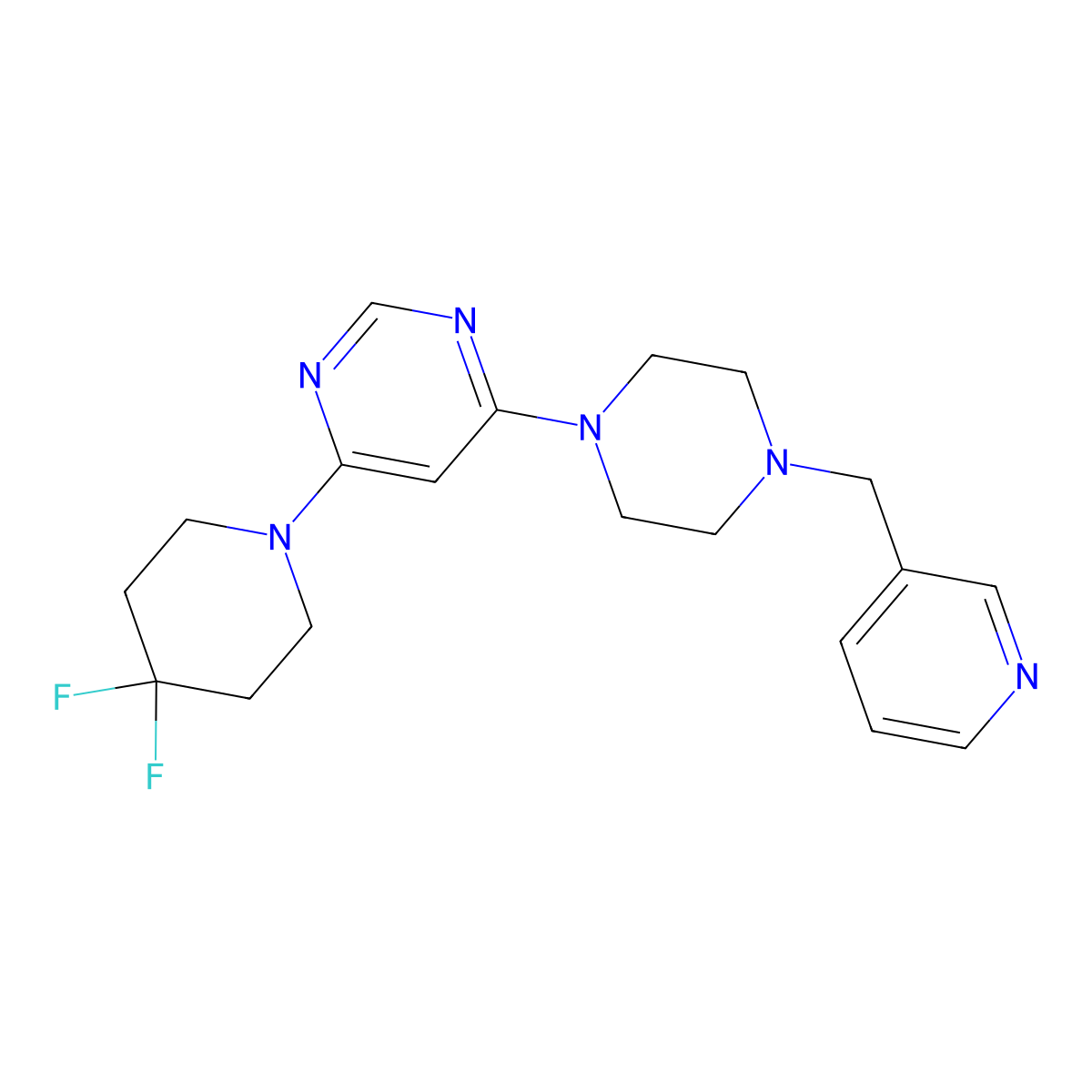 4-(4,4-Difluoropiperidin-1-yl)-6-{4-[(pyridin-3-yl)methyl]piperazin-1-yl}pyrimidine molecular structure, CAS 3054557-31-9