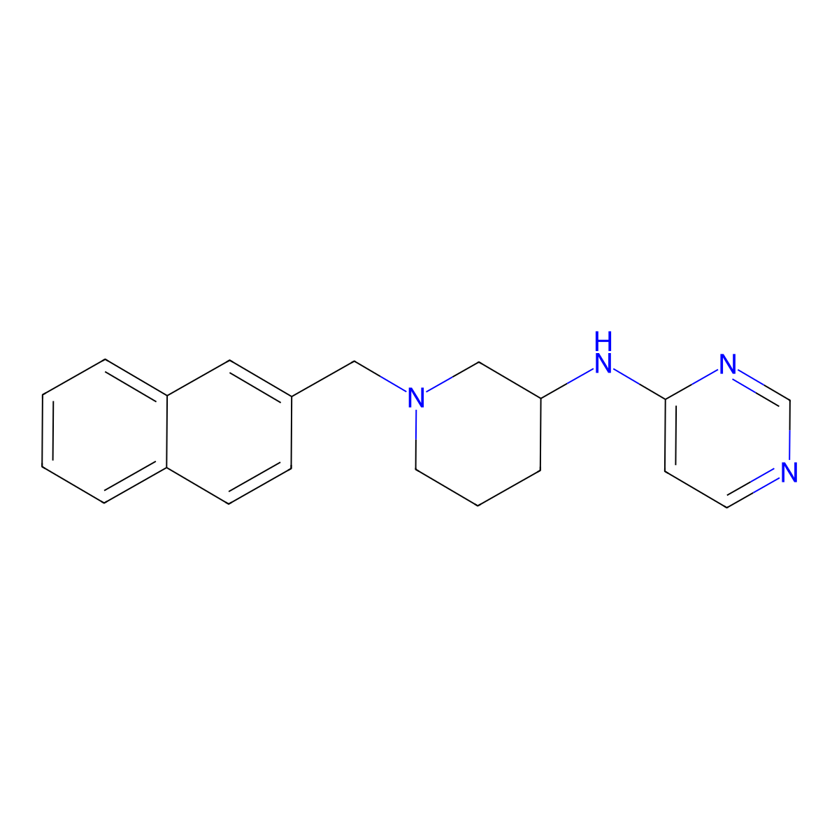 N-{1-[(naphthalen-2-yl)methyl]piperidin-3-yl}pyrimidin-4-amine molecular structure, CAS 3054557-34-2