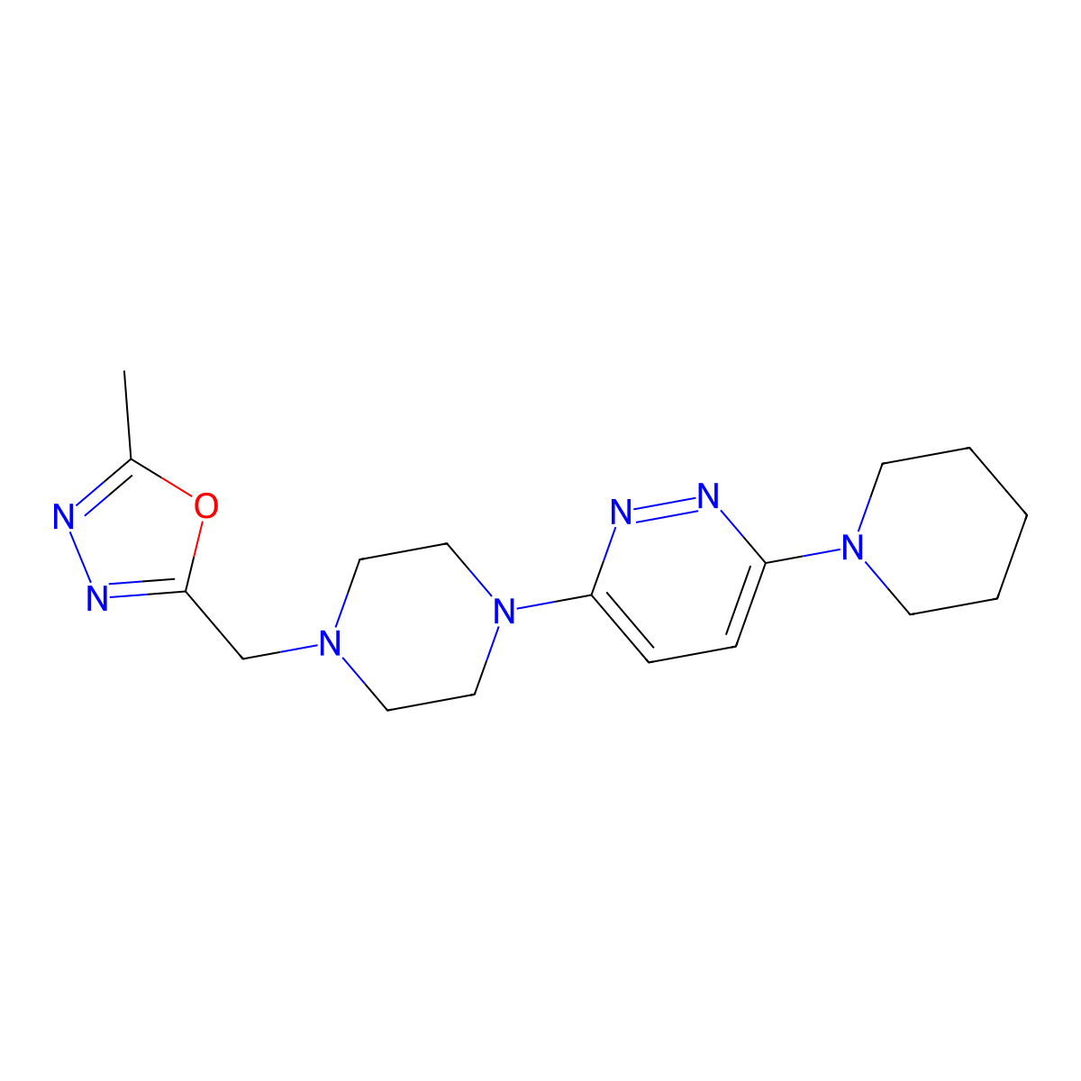 3-{4-[(5-Methyl-1,3,4-oxadiazol-2-yl)methyl]piperazin-1-yl}-6-(piperidin-1-yl)pyridazine molecular structure, CAS 3054557-37-5