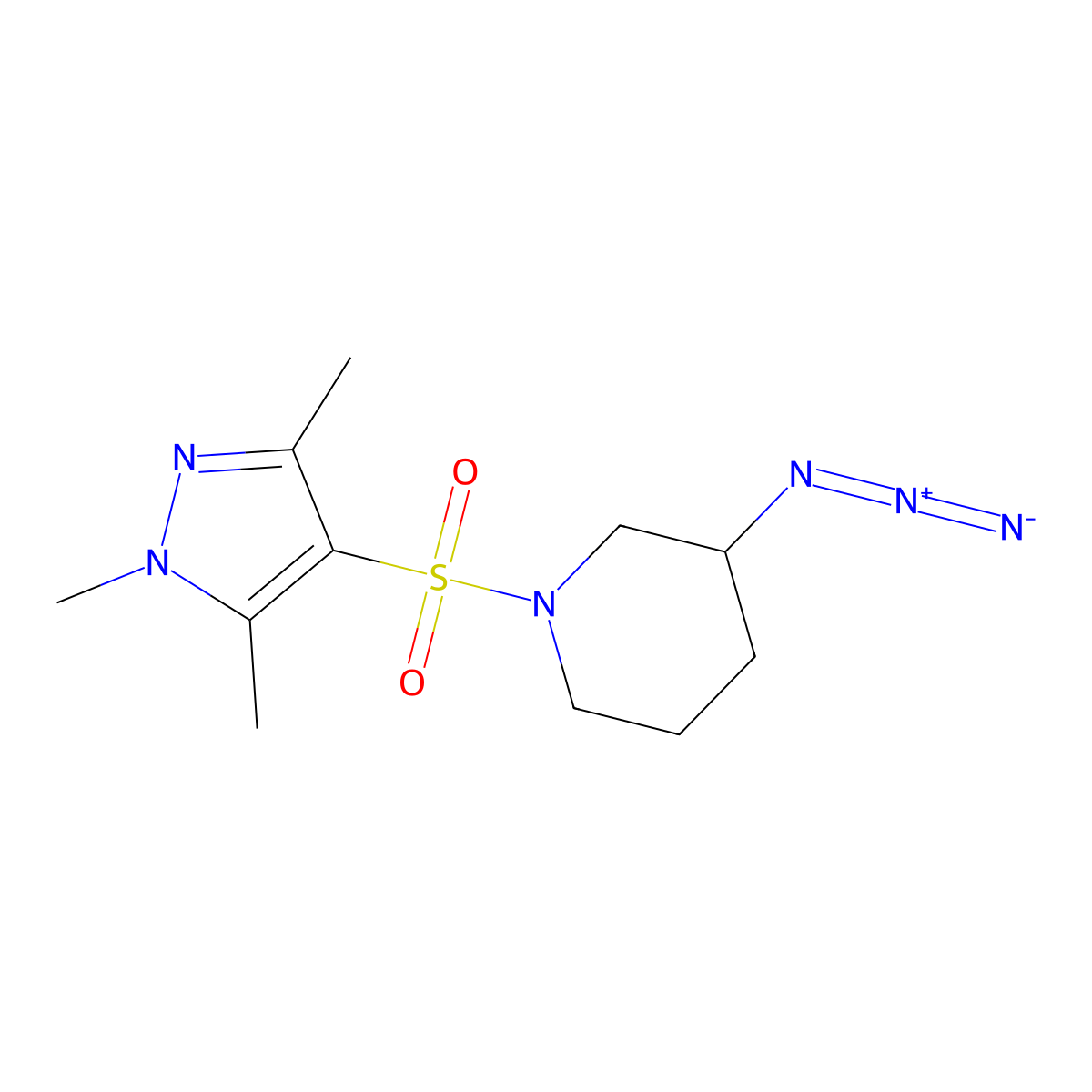 3-azido-1-[(1,3,5-trimethyl-1H-pyrazol-4-yl)sulfonyl]piperidine molecular structure, CAS 3054557-42-2