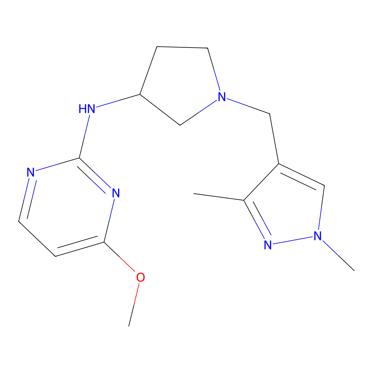 N-{1-[(1,3-dimethyl-1H-pyrazol-4-yl)methyl]pyrrolidin-3-yl}-4-methoxypyrimidin-2-amine molecular structure, CAS 3054557-44-4