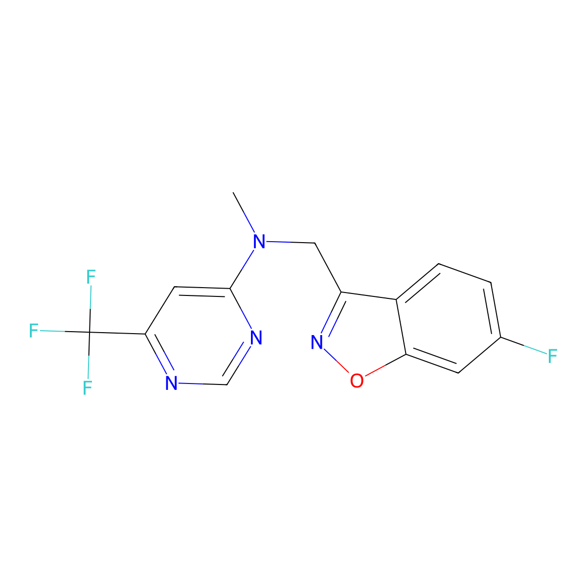 N-[(6-fluoro-1,2-benzoxazol-3-yl)methyl]-N-methyl-6-(trifluoromethyl)pyrimidin-4-amine molecular structure, CAS 3054557-45-5