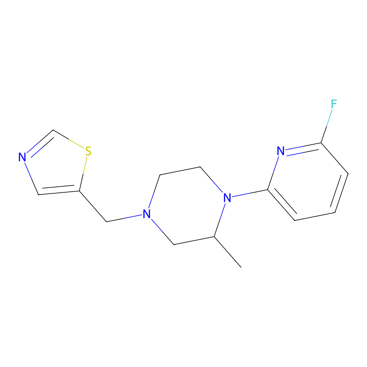 1-(6-Fluoropyridin-2-yl)-2-methyl-4-[(1,3-thiazol-5-yl)methyl]piperazine molecular structure, CAS 3054557-47-7