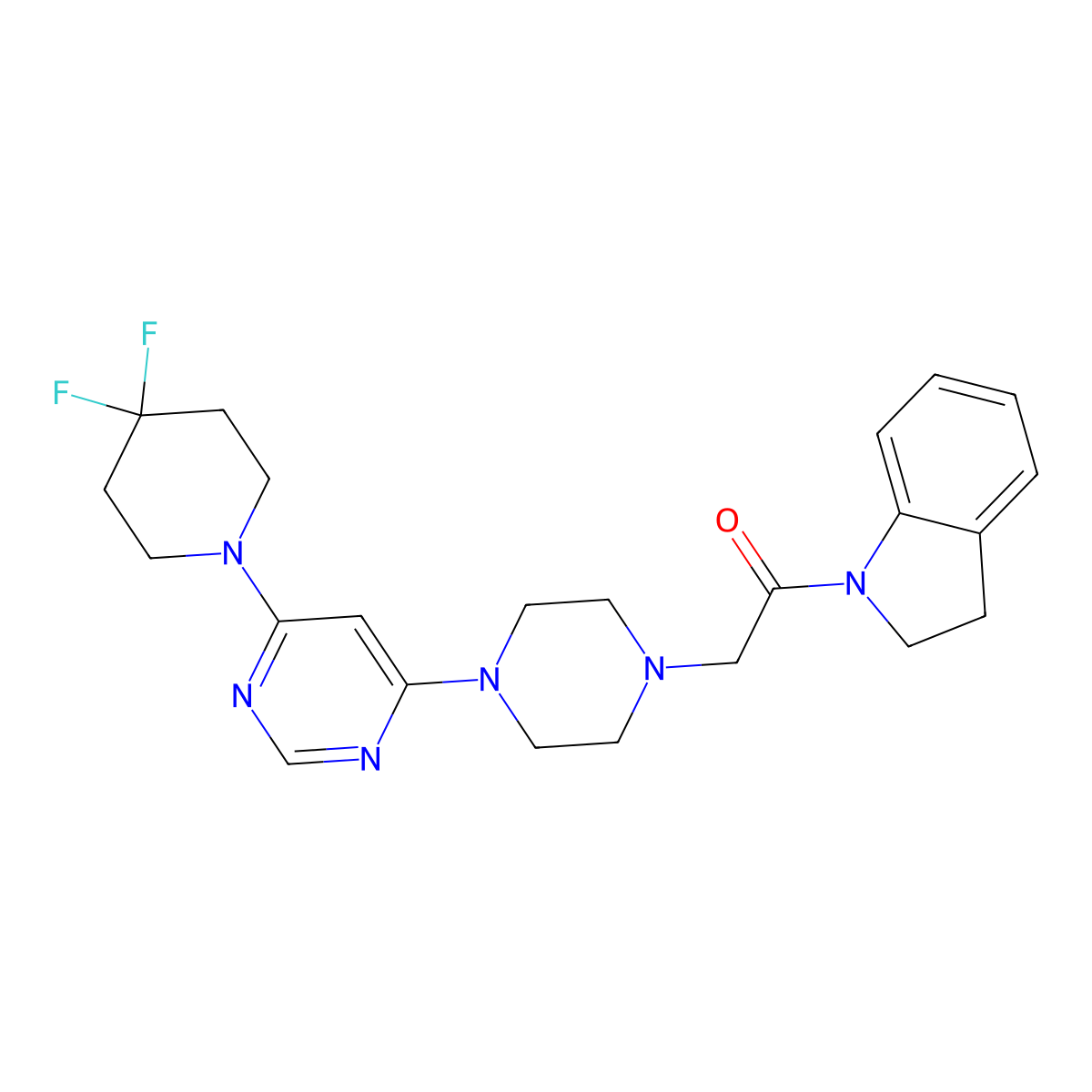 2-{4-[6-(4,4-difluoropiperidin-1-yl)pyrimidin-4-yl]piperazin-1-yl}-1-(2,3-dihydro-1H-indol-1-yl)ethan-1-one molecular structure, CAS 3054557-48-8