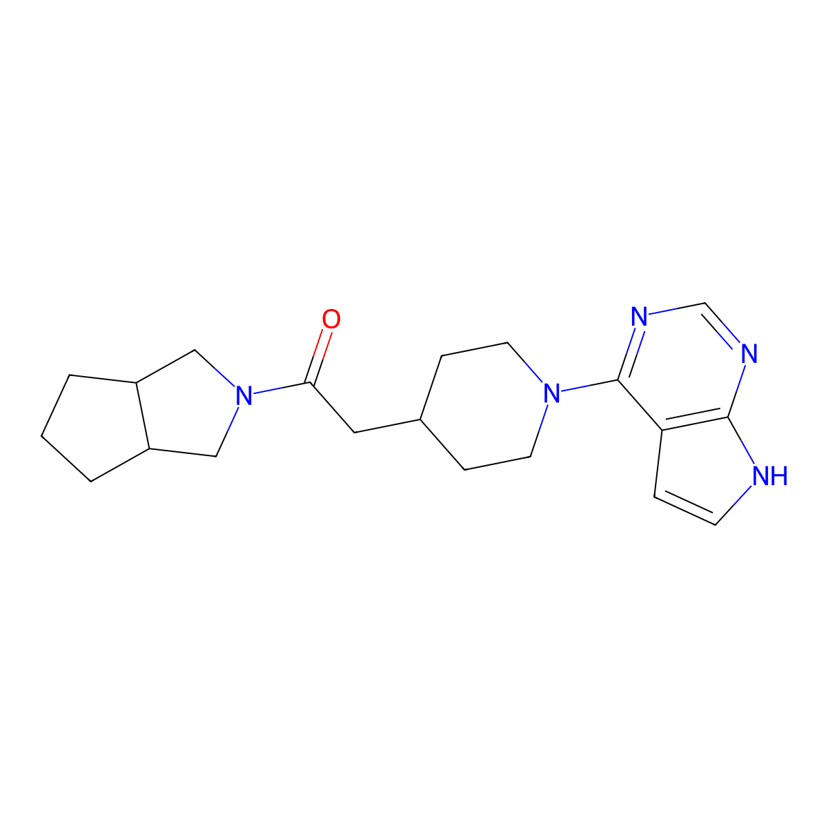 1-{octahydrocyclopenta[c]pyrrol-2-yl}-2-(1-{7H-pyrrolo[2,3-d]pyrimidin-4-yl}piperidin-4-yl)ethan-1-one molecular structure, CAS 3054557-55-7
