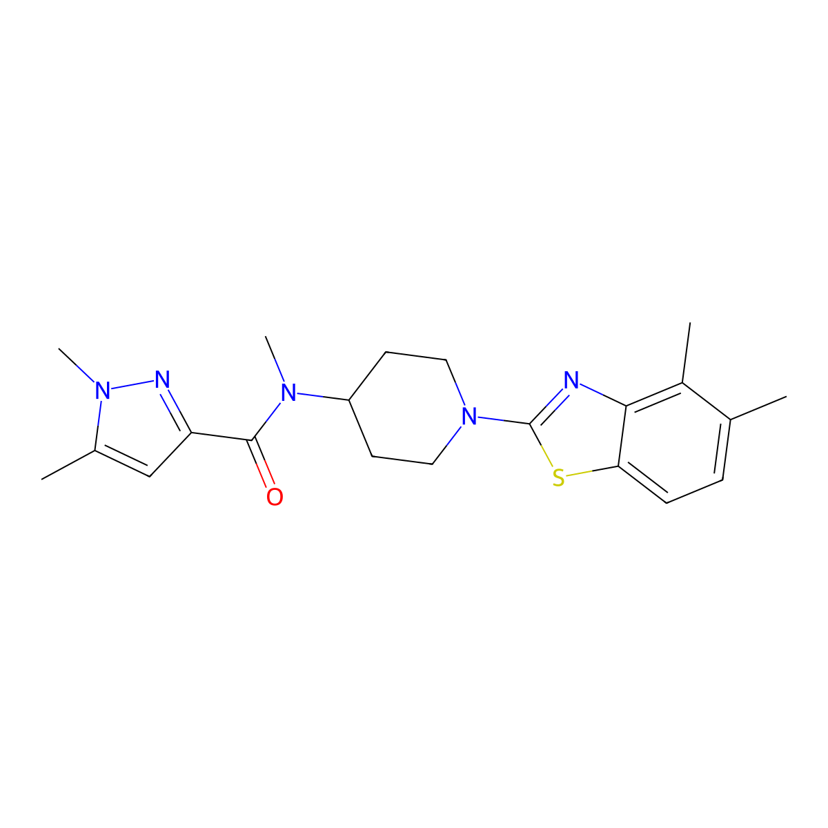 N-[1-(4,5-dimethyl-1,3-benzothiazol-2-yl)piperidin-4-yl]-N,1,5-trimethyl-1H-pyrazole-3-carboxamide molecular structure, CAS 3054557-57-9