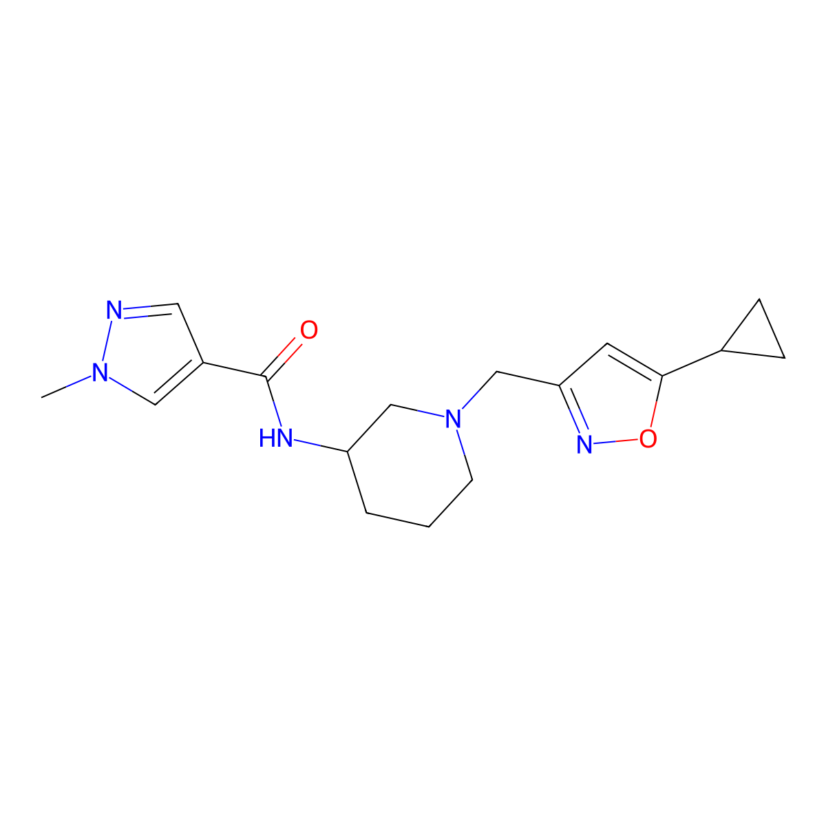 N-{1-[(5-cyclopropyl-1,2-oxazol-3-yl)methyl]piperidin-3-yl}-1-methyl-1H-pyrazole-4-carboxamide molecular structure, CAS 3054557-61-5