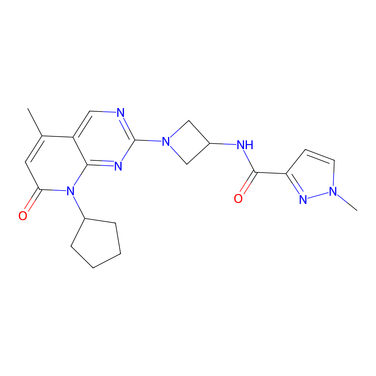 N-(1-{8-cyclopentyl-5-methyl-7-oxo-7H,8H-pyrido[2,3-d]pyrimidin-2-yl}azetidin-3-yl)-1-methyl-1H-pyrazole-3-carboxamide molecular structure, CAS 3054557-63-7