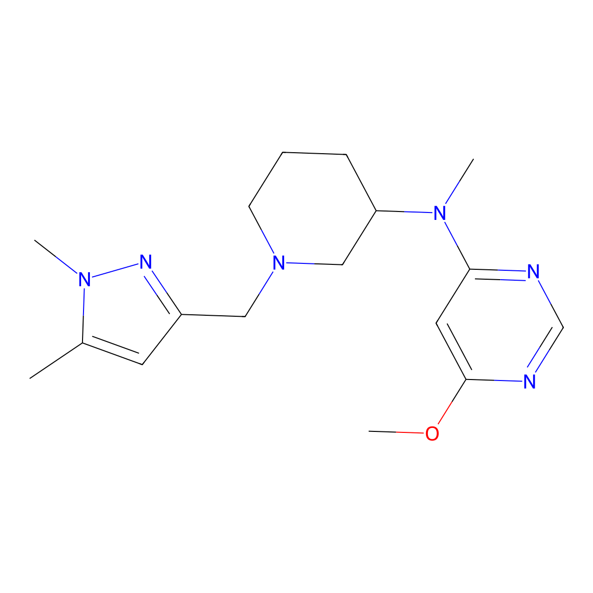 N-{1-[(1,5-dimethyl-1H-pyrazol-3-yl)methyl]piperidin-3-yl}-6-methoxy-N-methylpyrimidin-4-amine molecular structure, CAS 3054557-72-8