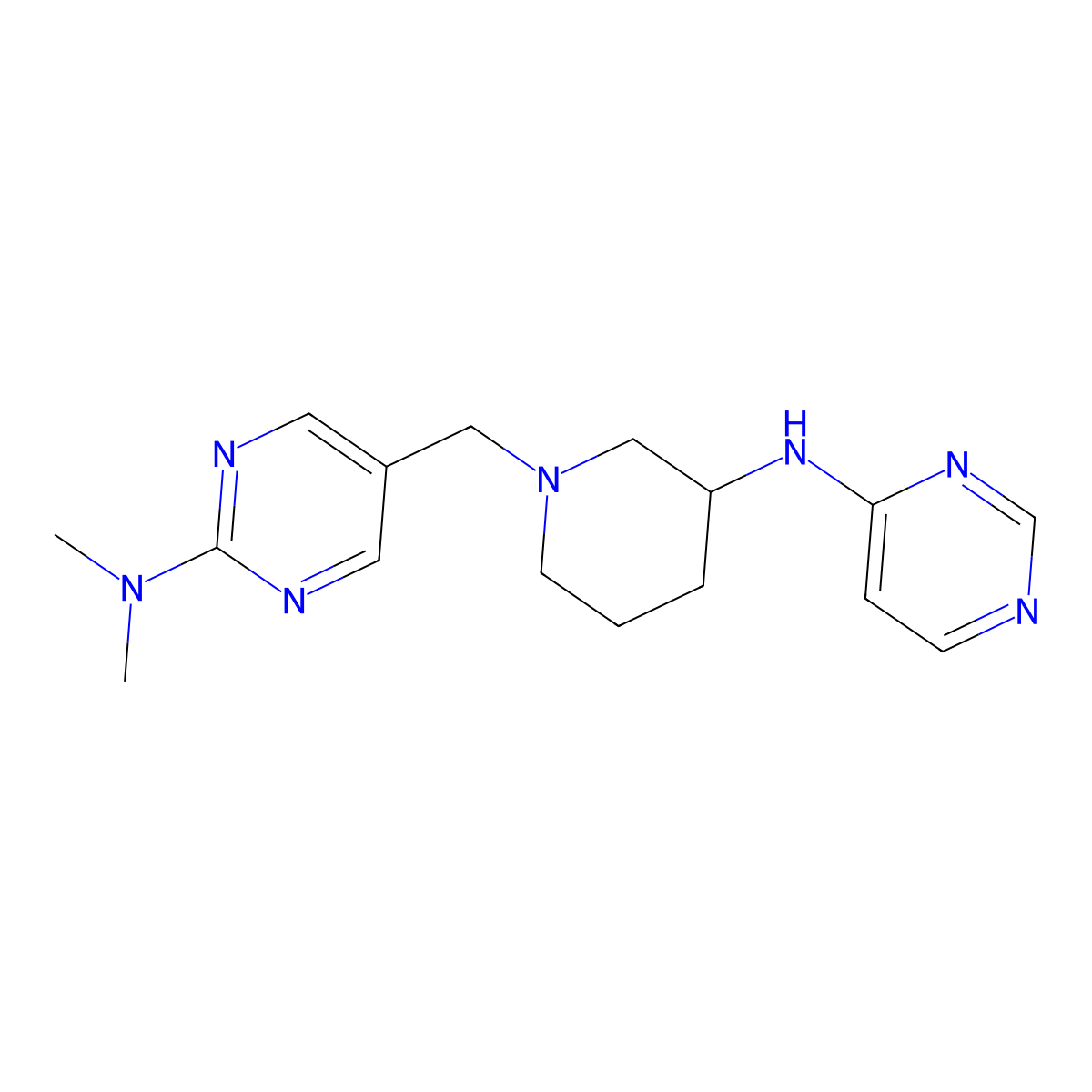 N,N-dimethyl-5-({3-[(pyrimidin-4-yl)amino]piperidin-1-yl}methyl)pyrimidin-2-amine molecular structure, CAS 3054557-87-5