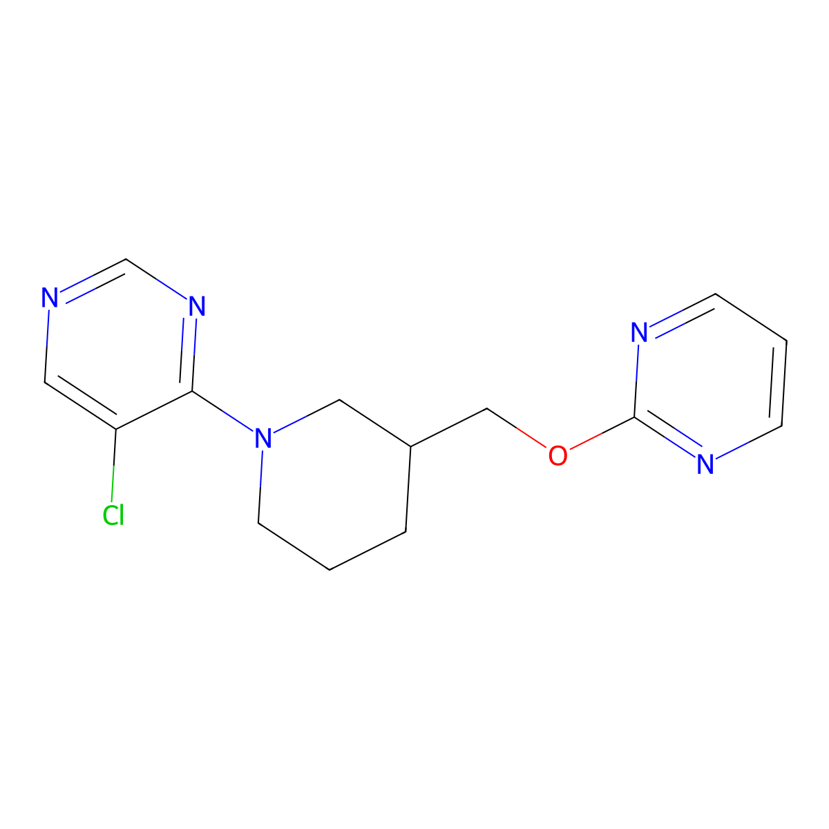 5-Chloro-4-{3-[(pyrimidin-2-yloxy)methyl]piperidin-1-yl}pyrimidine molecular structure, CAS 3054557-96-6