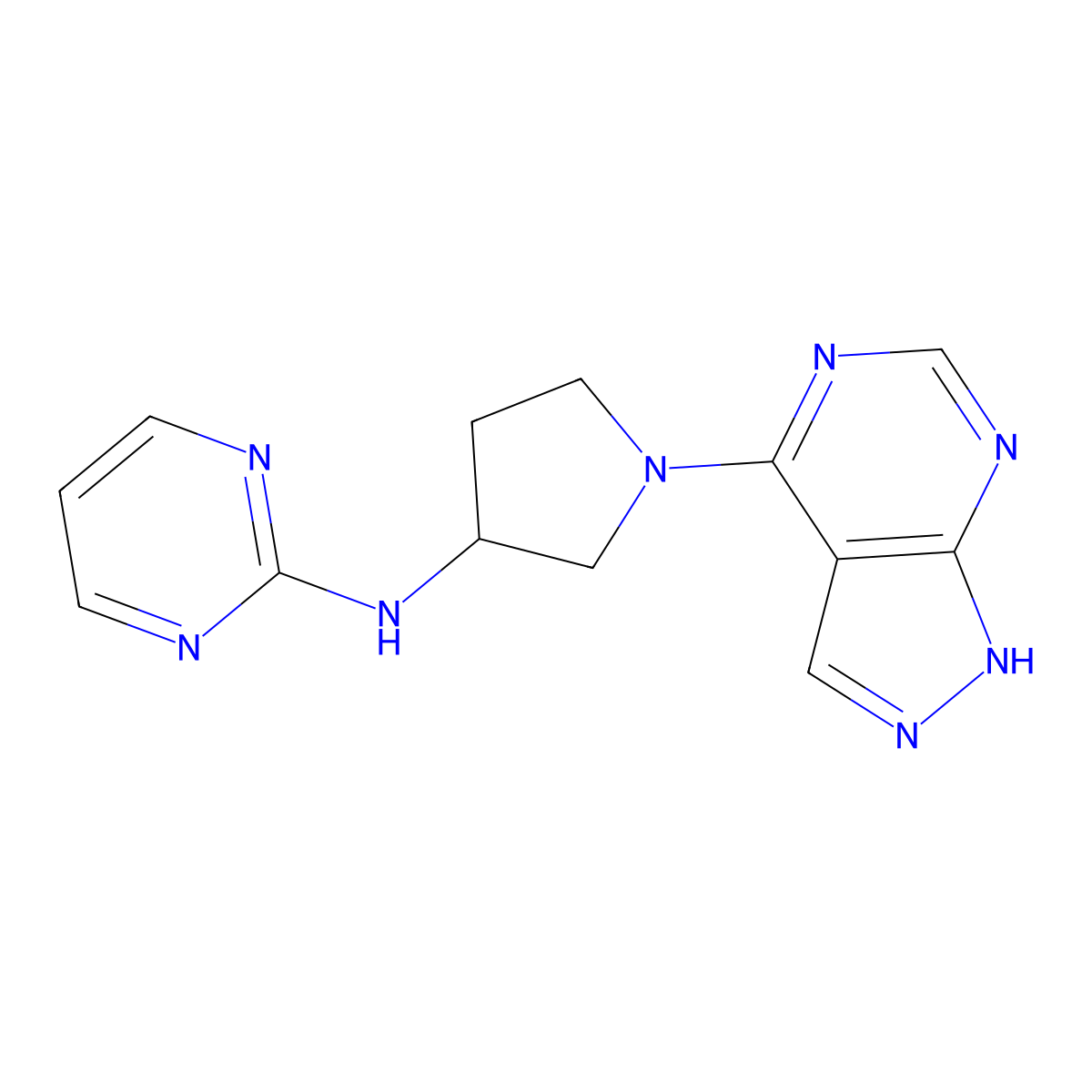 N-(1-{1H-pyrazolo[3,4-d]pyrimidin-4-yl}pyrrolidin-3-yl)pyrimidin-2-amine molecular structure, CAS 3054557-98-8