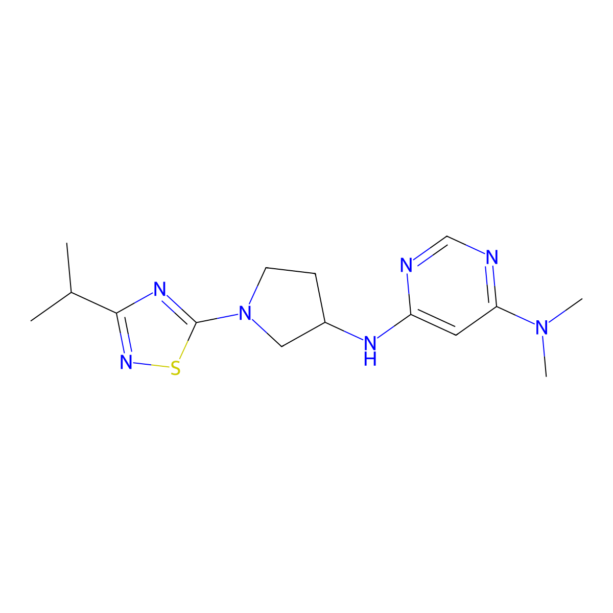 N4,N4-dimethyl-N6-{1-[3-(propan-2-yl)-1,2,4-thiadiazol-5-yl]pyrrolidin-3-yl}pyrimidine-4,6-diamine molecular structure, CAS 3054558-00-5