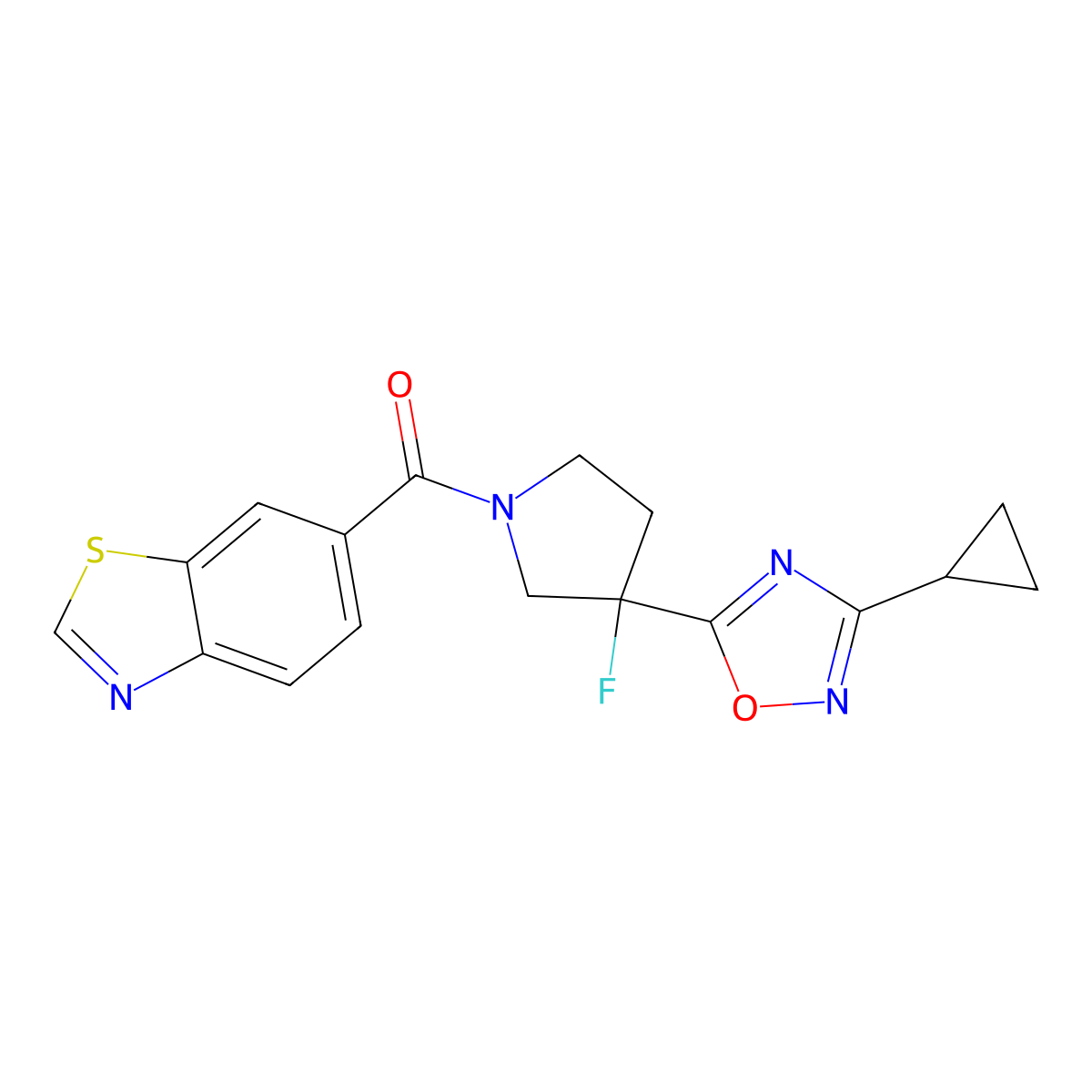 6-[3-(3-Cyclopropyl-1,2,4-oxadiazol-5-yl)-3-fluoropyrrolidine-1-carbonyl]-1,3-benzothiazole molecular structure, CAS 3054558-02-7