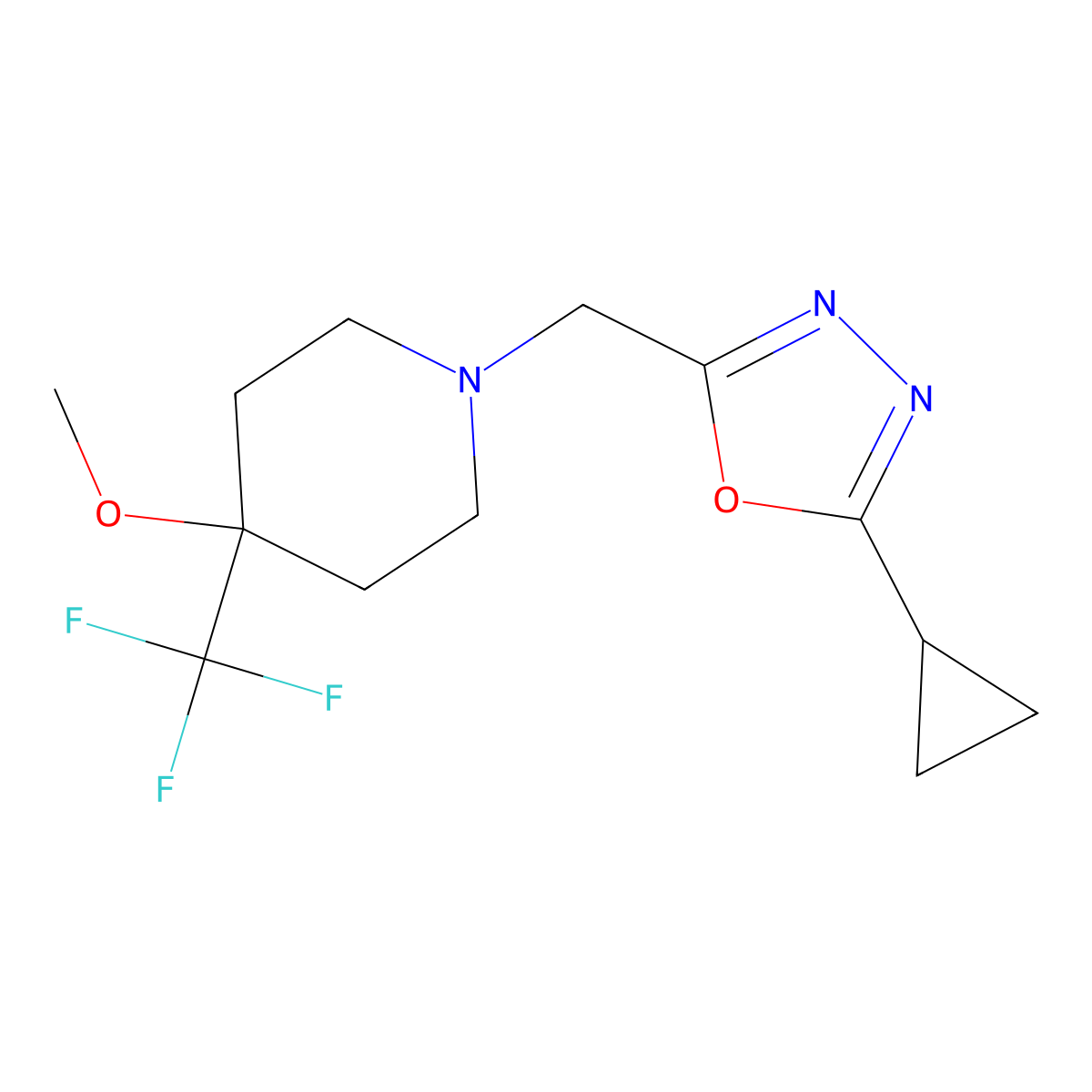 1-[(5-Cyclopropyl-1,3,4-oxadiazol-2-yl)methyl]-4-methoxy-4-(trifluoromethyl)piperidine molecular structure, CAS 3054558-07-2