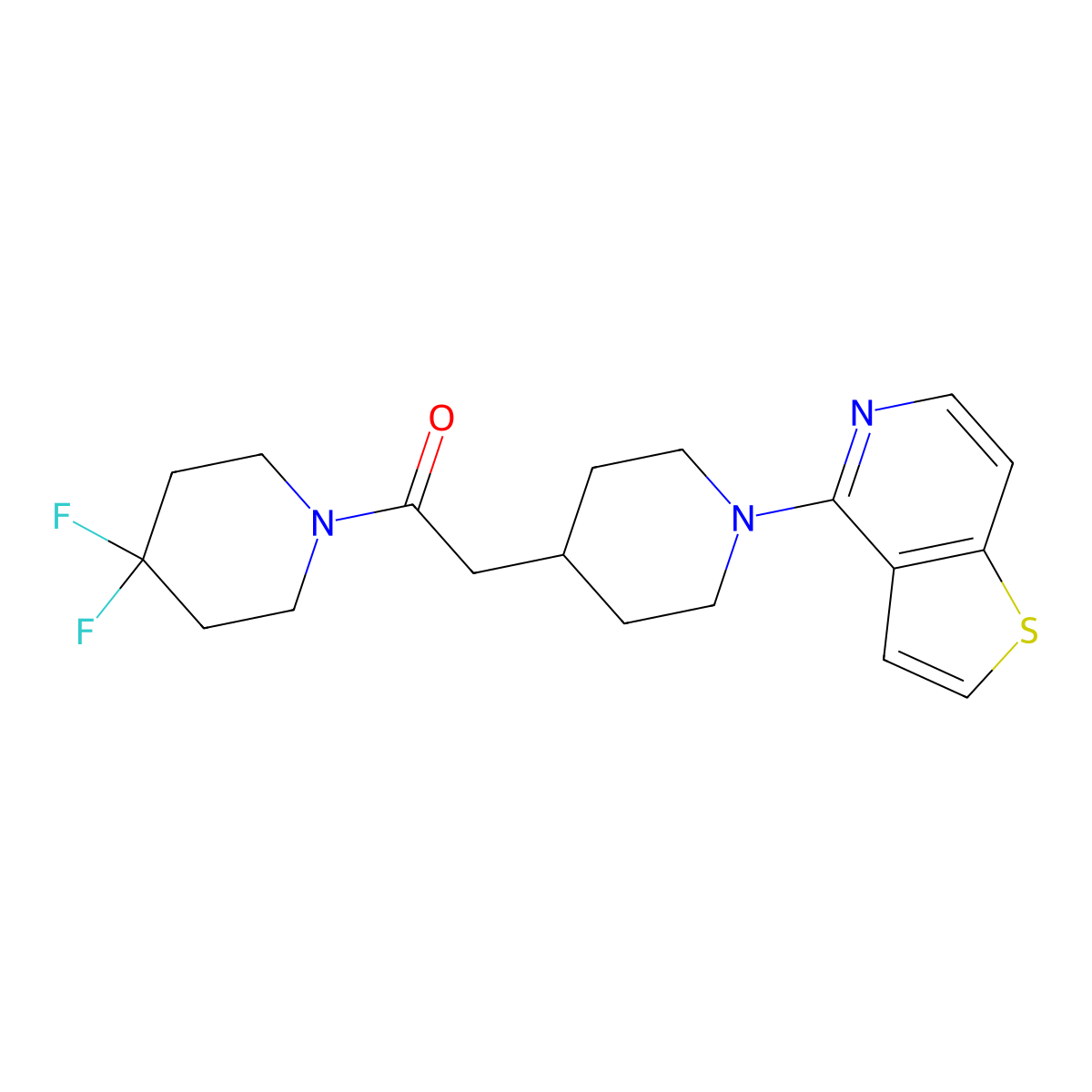 1-(4,4-Difluoropiperidin-1-yl)-2-(1-{thieno[3,2-c]pyridin-4-yl}piperidin-4-yl)ethan-1-one molecular structure, CAS 3054558-08-3